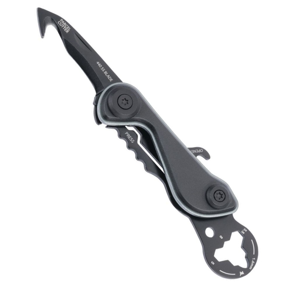 TROIKA Mini-Tool: Parcel Cutter, Blade, Keyring, Bottle Opener, Tyre Depth Gauge, Hex Keys: In Black with Titanium Grey Trim