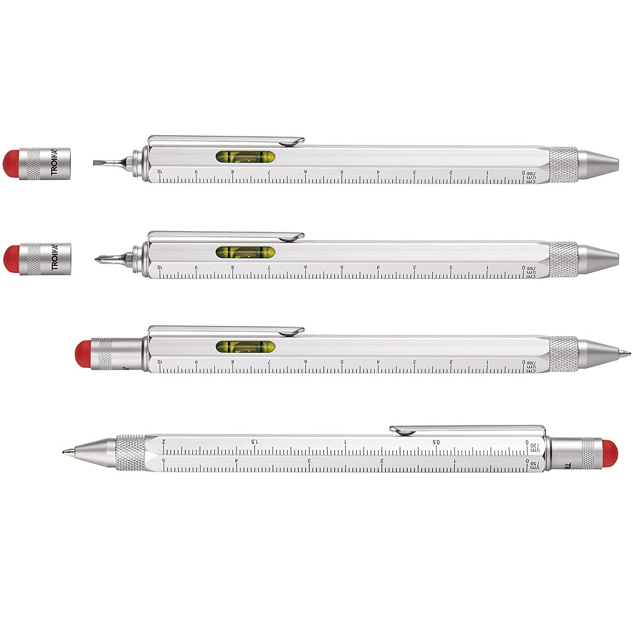TROIKA Multitasking Ballpoint Pen Mini Tool CONSTRUCTION Silver with Red
