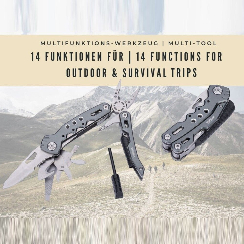 TROIKA Multi-Tool with 14 Functions including Whistle & Fire Steel: For Outdoor & Survival Trips TOL45/GY