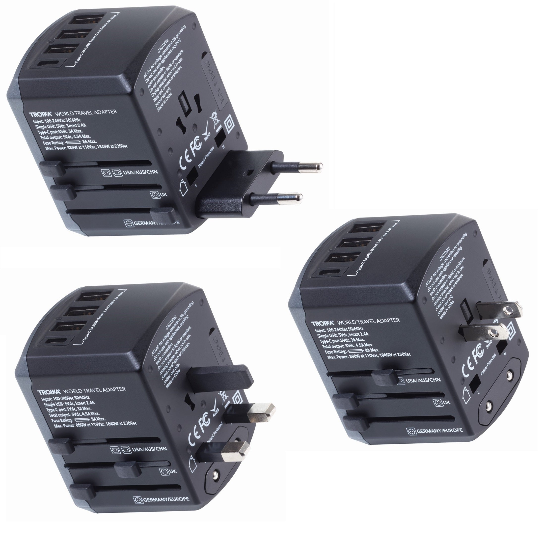 TROIKA World Travel Adapter Universal Plug Adapter + 3-in-1 Charging Cable
