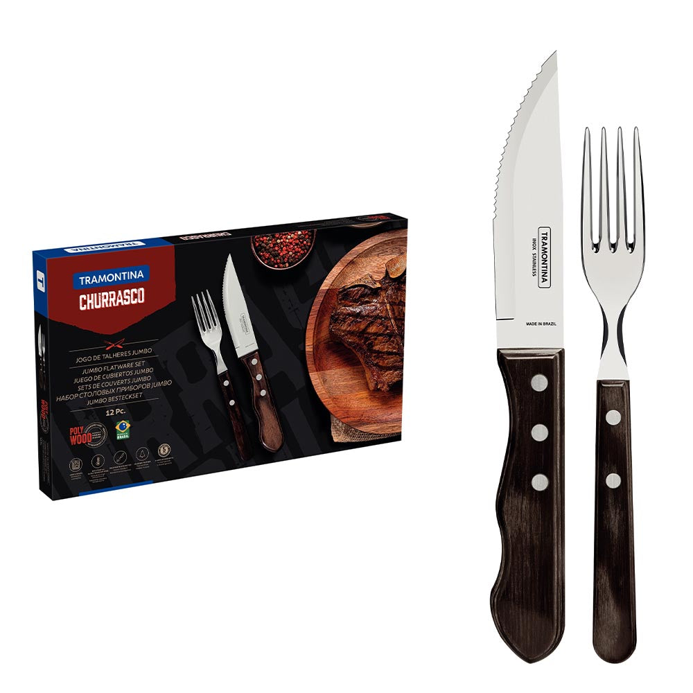 Tramontina Jumbo Braai Cutlery Set with Stainless Steel Blades and Dark PolyWood Handles - 12 pieces