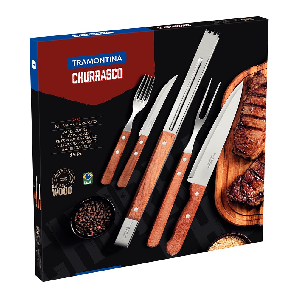 Tramontina Braai Set with Stainless Steel Blades and Natural Wood Handles - 15 pieces