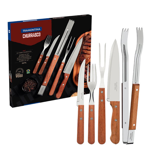 Tramontina Braai Set with Stainless Steel Blades and Natural Wood Handles - 15 pieces