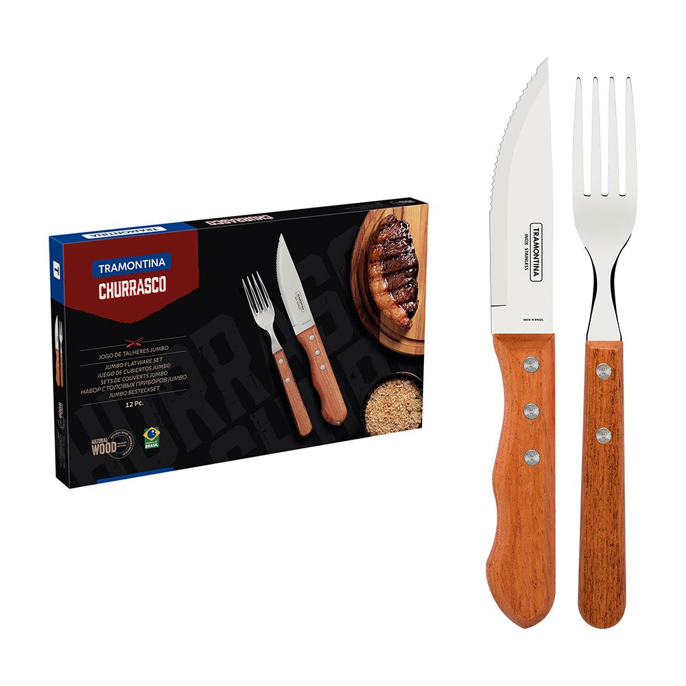 Tramontina Braai Cutlery Set with Stainless Steel Blades and Natural Wood Handles - 12 pieces
