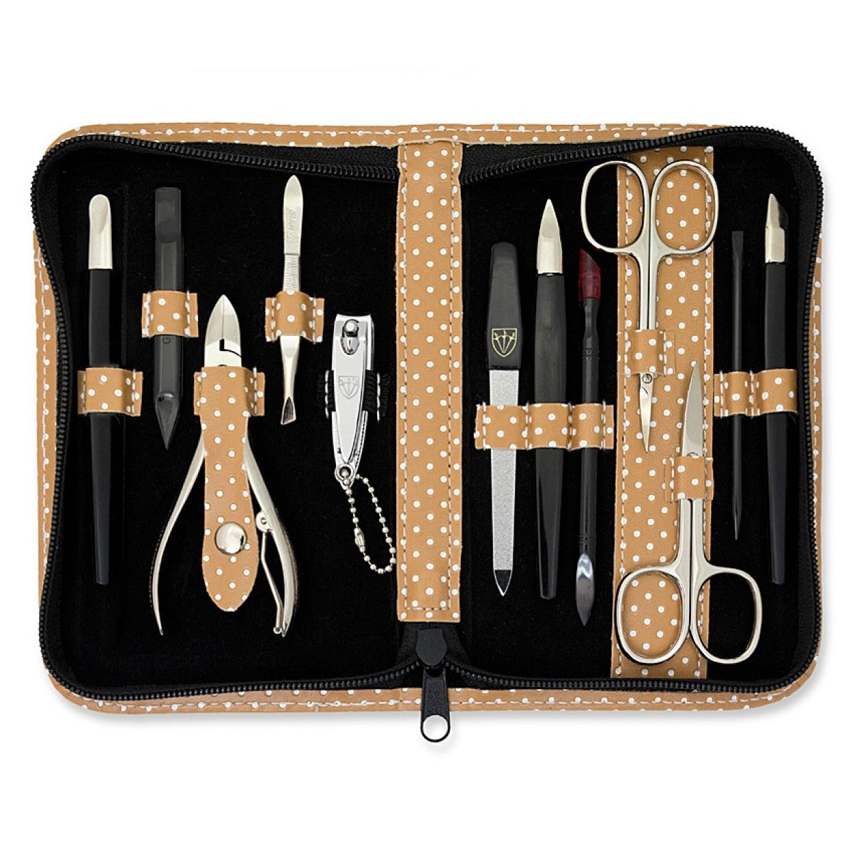 Kellermann 3 Swords Manicure & Pedicure Set | P-Savanna Touch | 12-Pieces | Beige Zipped Case with White Spots