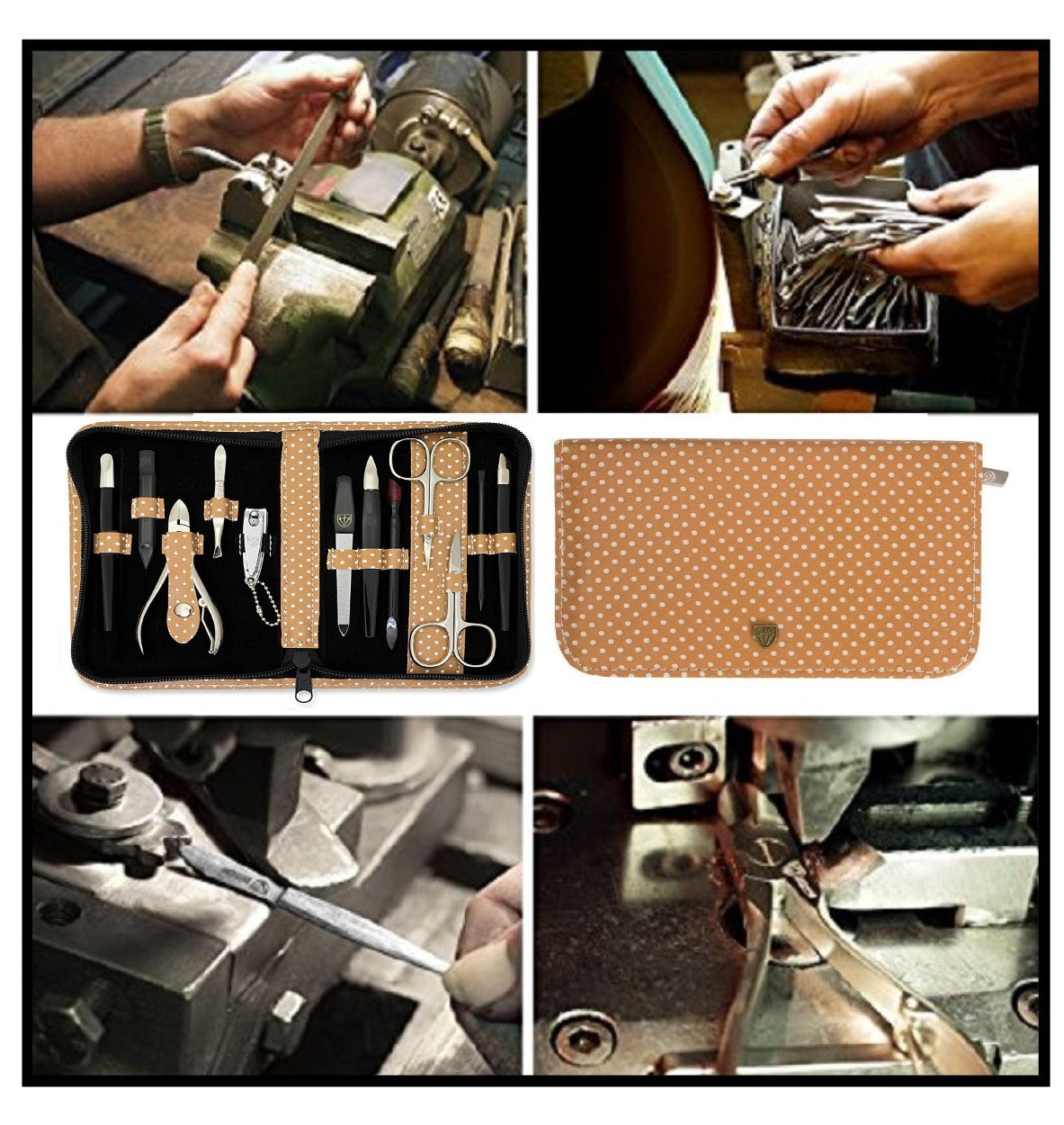 Kellermann 3 Swords Manicure & Pedicure Set | P-Savanna Touch | 12-Pieces | Beige Zipped Case with White Spots