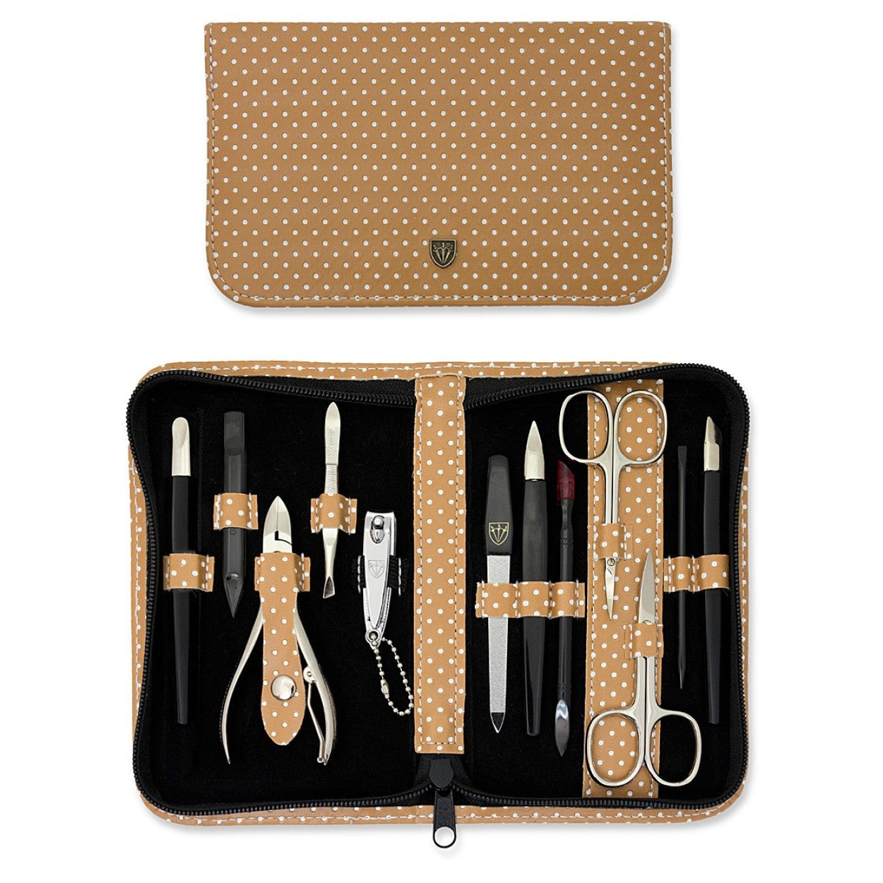 Kellermann 3 Swords Manicure & Pedicure Set | P-Savanna Touch | 12-Pieces | Beige Zipped Case with White Spots