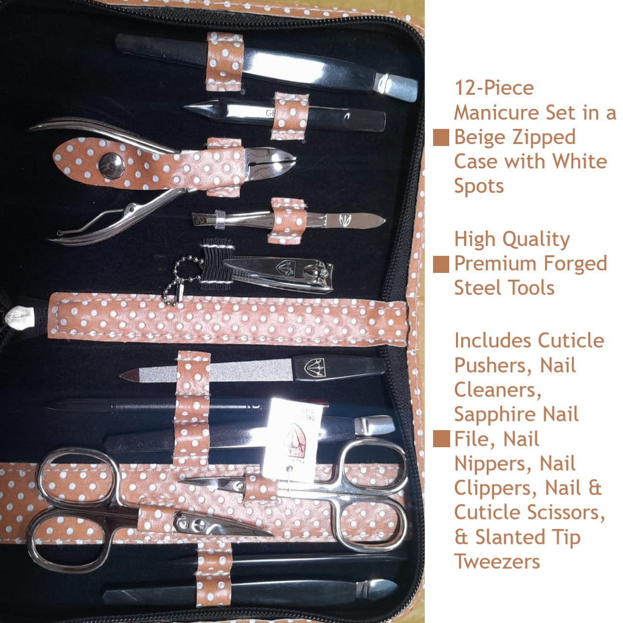 Kellermann 3 Swords Manicure & Pedicure Set | P-Savanna Touch | 12-Pieces | Beige Zipped Case with White Spots