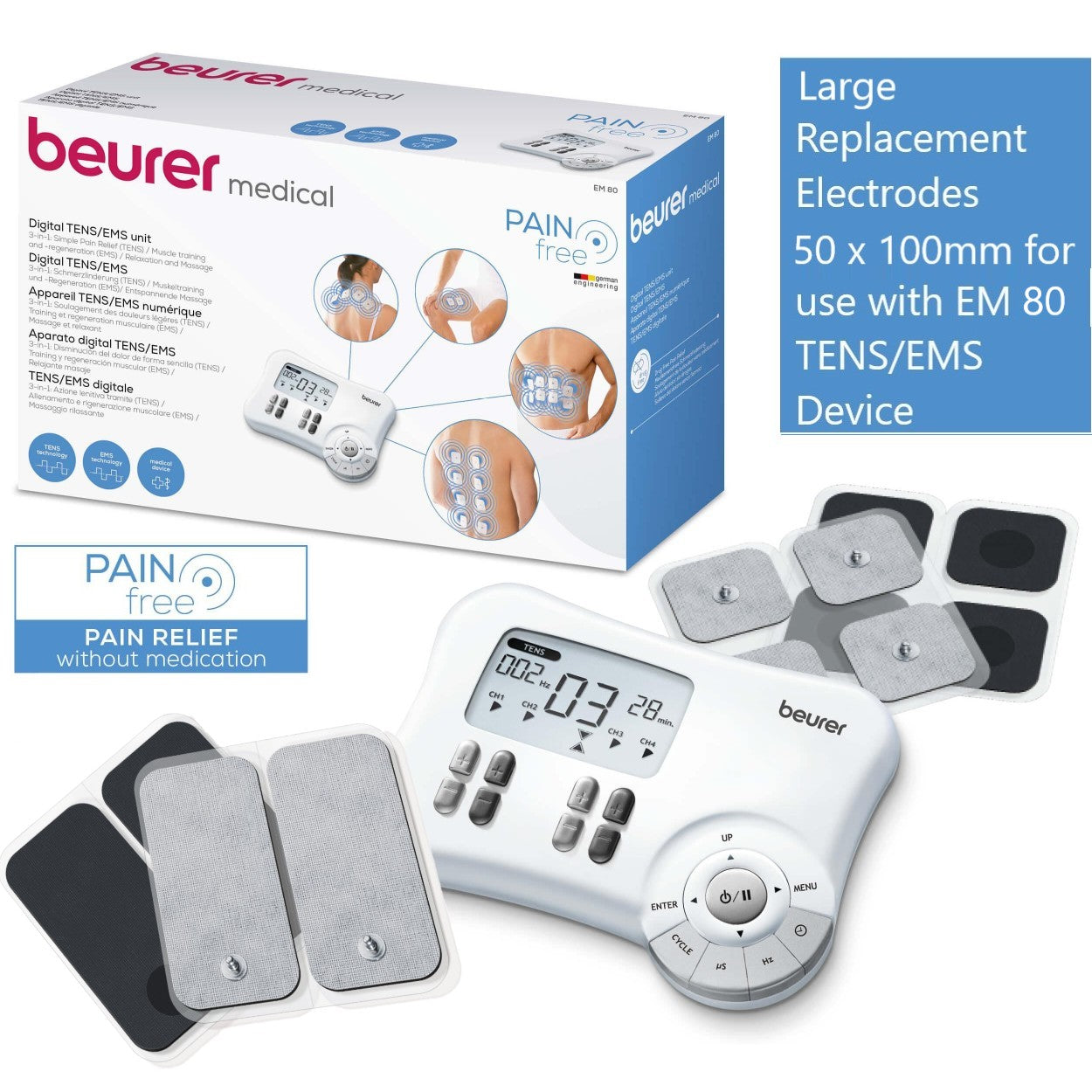 Beurer Replacement Self-Adhesive Electrodes 5x10cm (Large) for use with EM 49, EM 80, and EM 95 TENS/EMS Devices | Set of 4