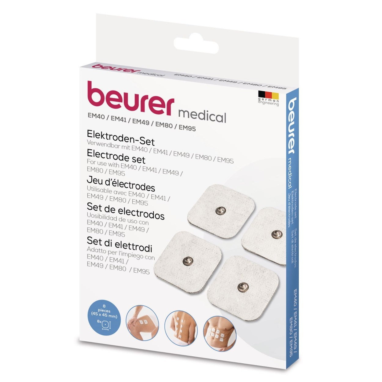 Beurer Replacement Self-Adhesive Electrodes 45x45mm (Small) for use with EM 49, EM 80, and EM 95 TENS/EMS Devices | Set of 8