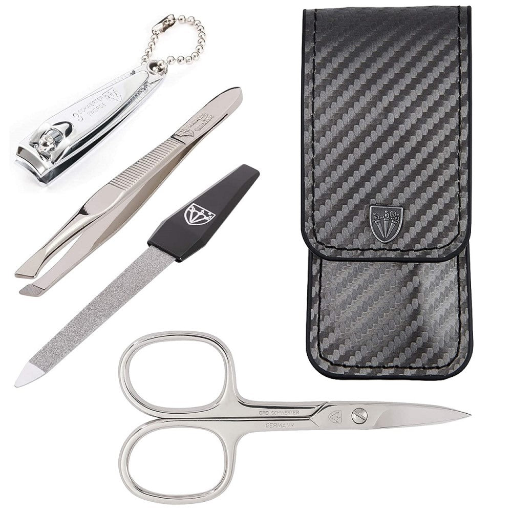 Kellermann 3 Swords Manicure Set: 4 Nail Tools in a Carbon Faux Leather Grey Case 66777 MC N