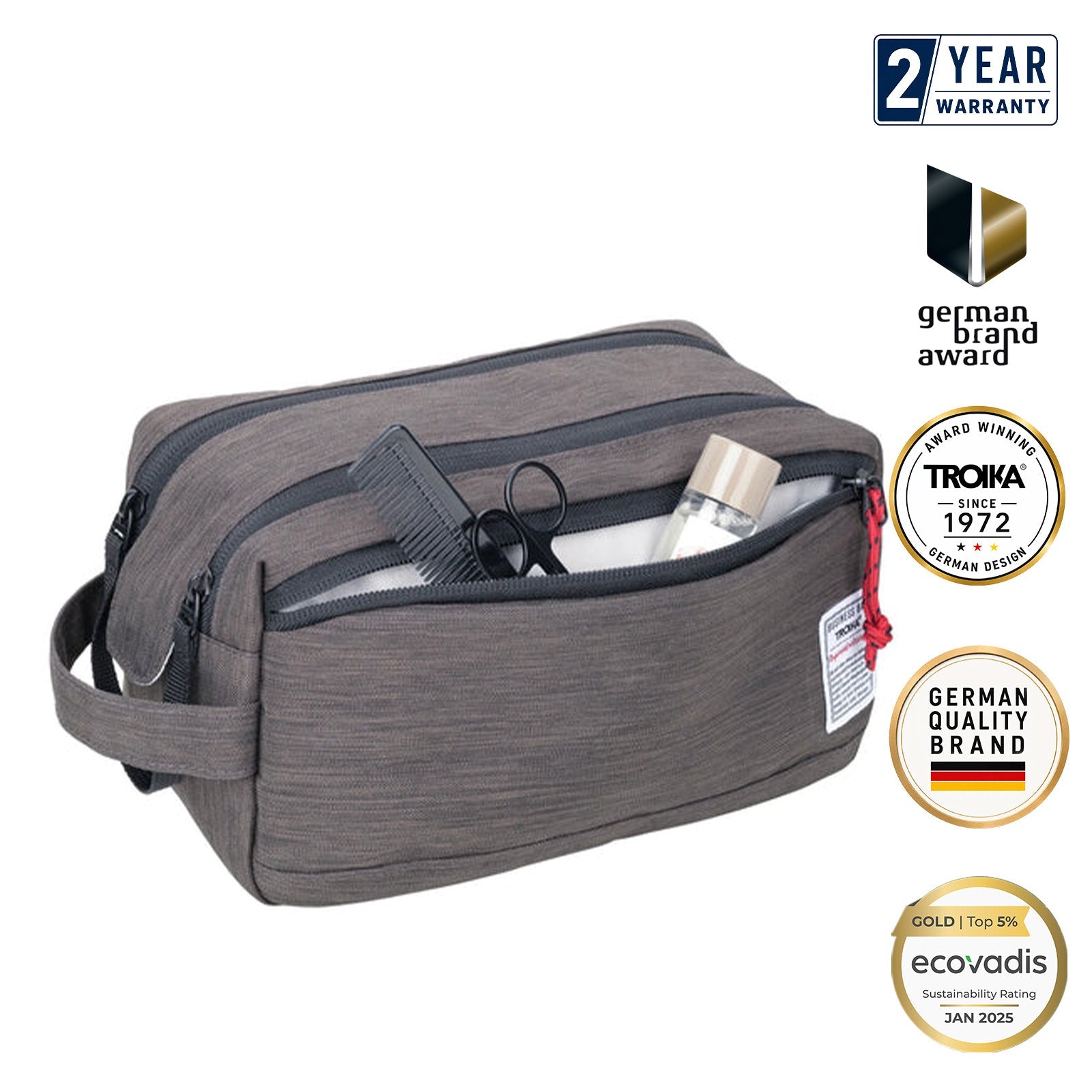 TROIKA Germany Toiletry Bag | Wide Main Compartment | Water-Repellent Grey