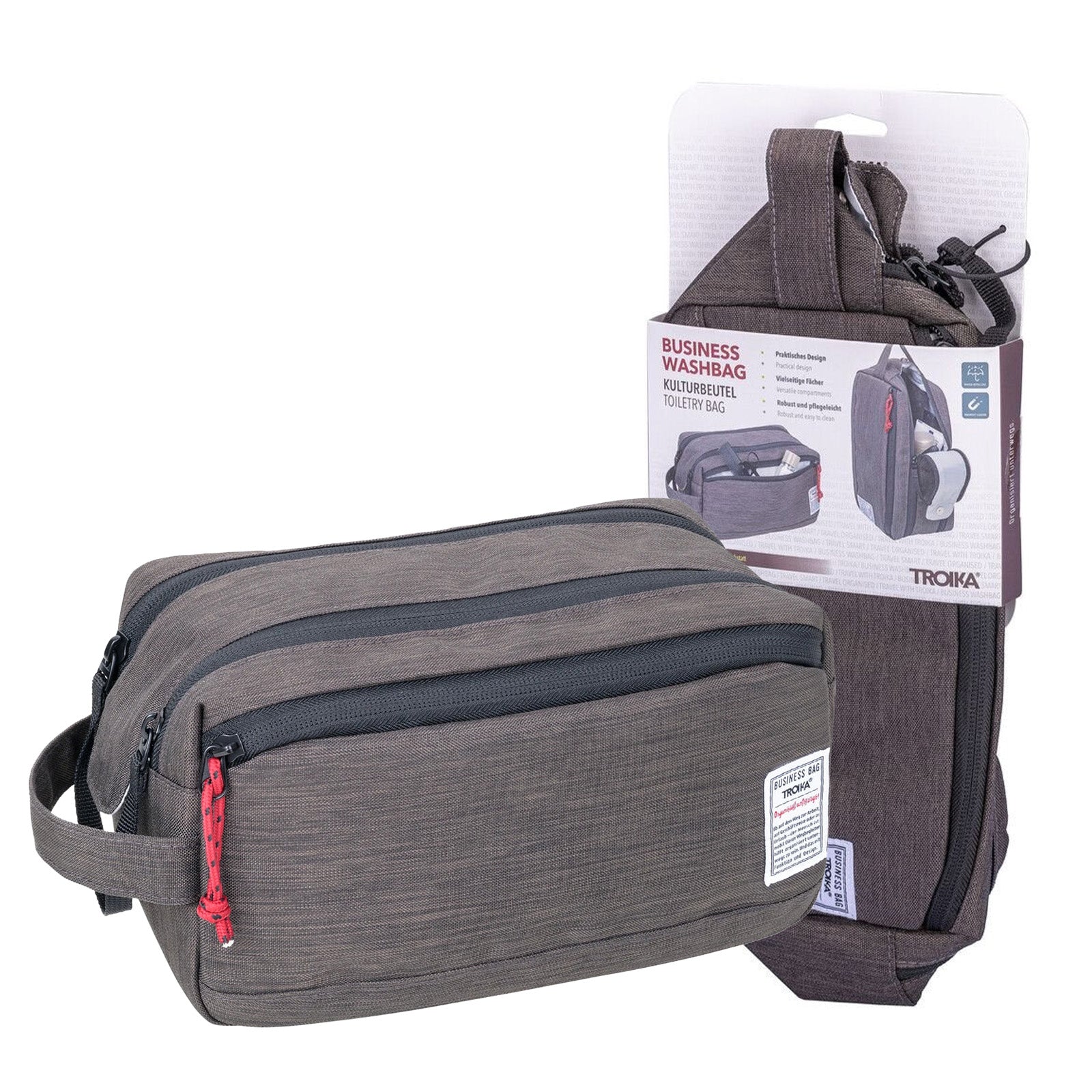TROIKA Germany Toiletry Bag | Wide Main Compartment | Water-Repellent Grey