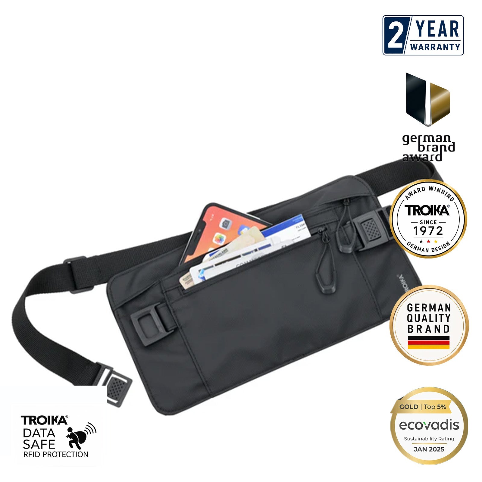 TROIKA Germany RFID Waist Belt Bag | Water-Resistant | Safe Travel | Black