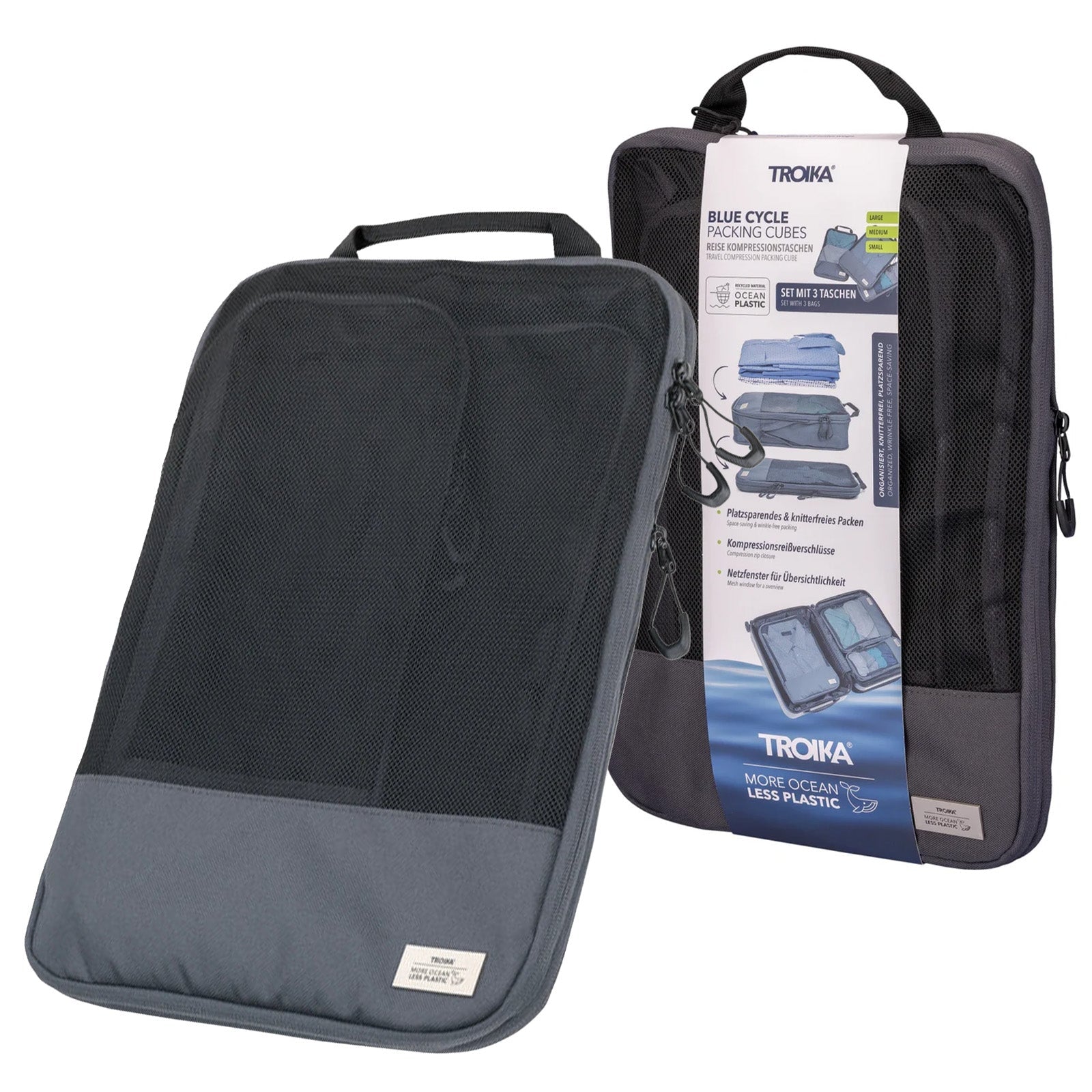 TROIKA Germany 3-Piece Packing Cube Set | Compression Zip | Ocean Plastic