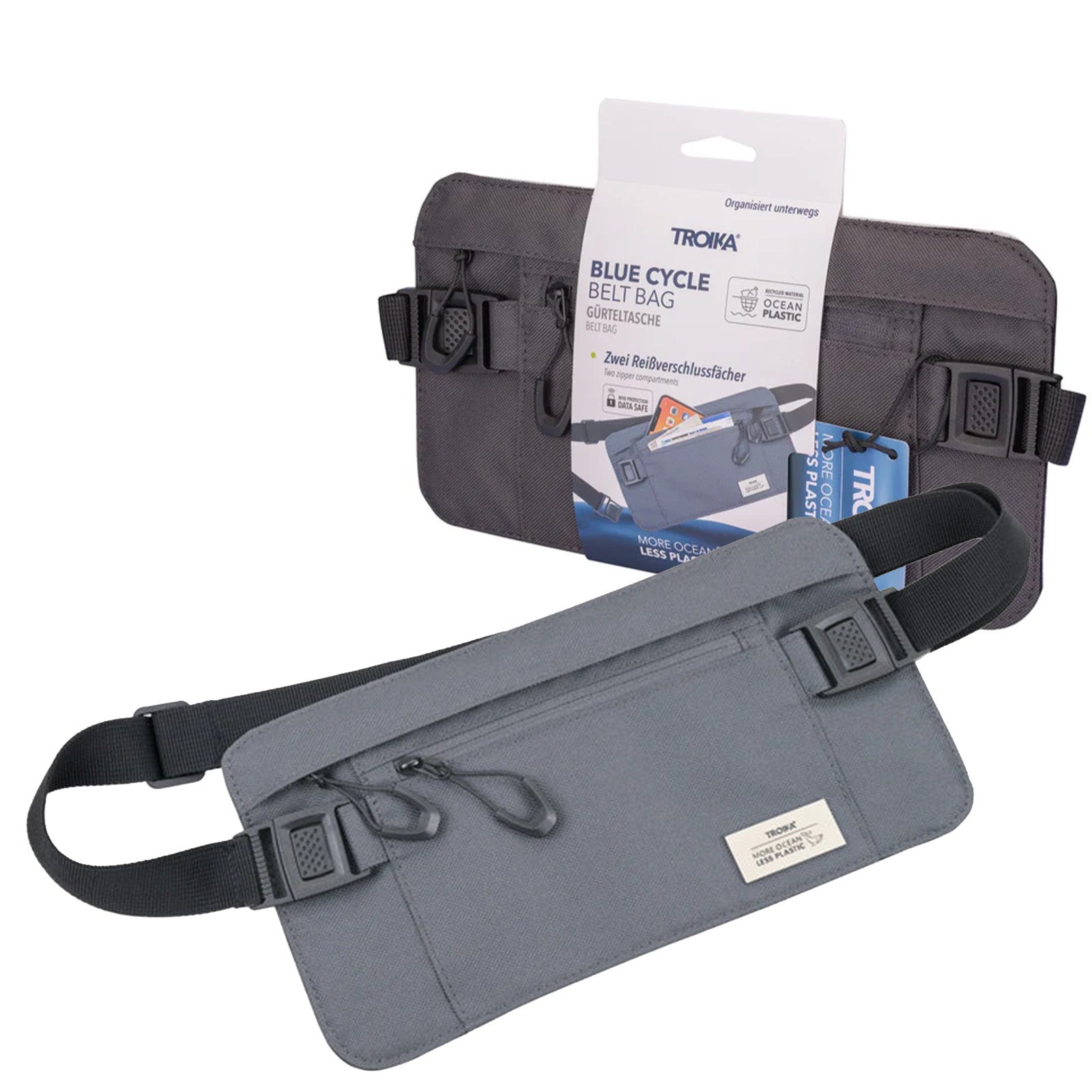 TROIKA Germany RFID Waist Belt Bag | Recycled Ocean Plastic | Travel | Grey