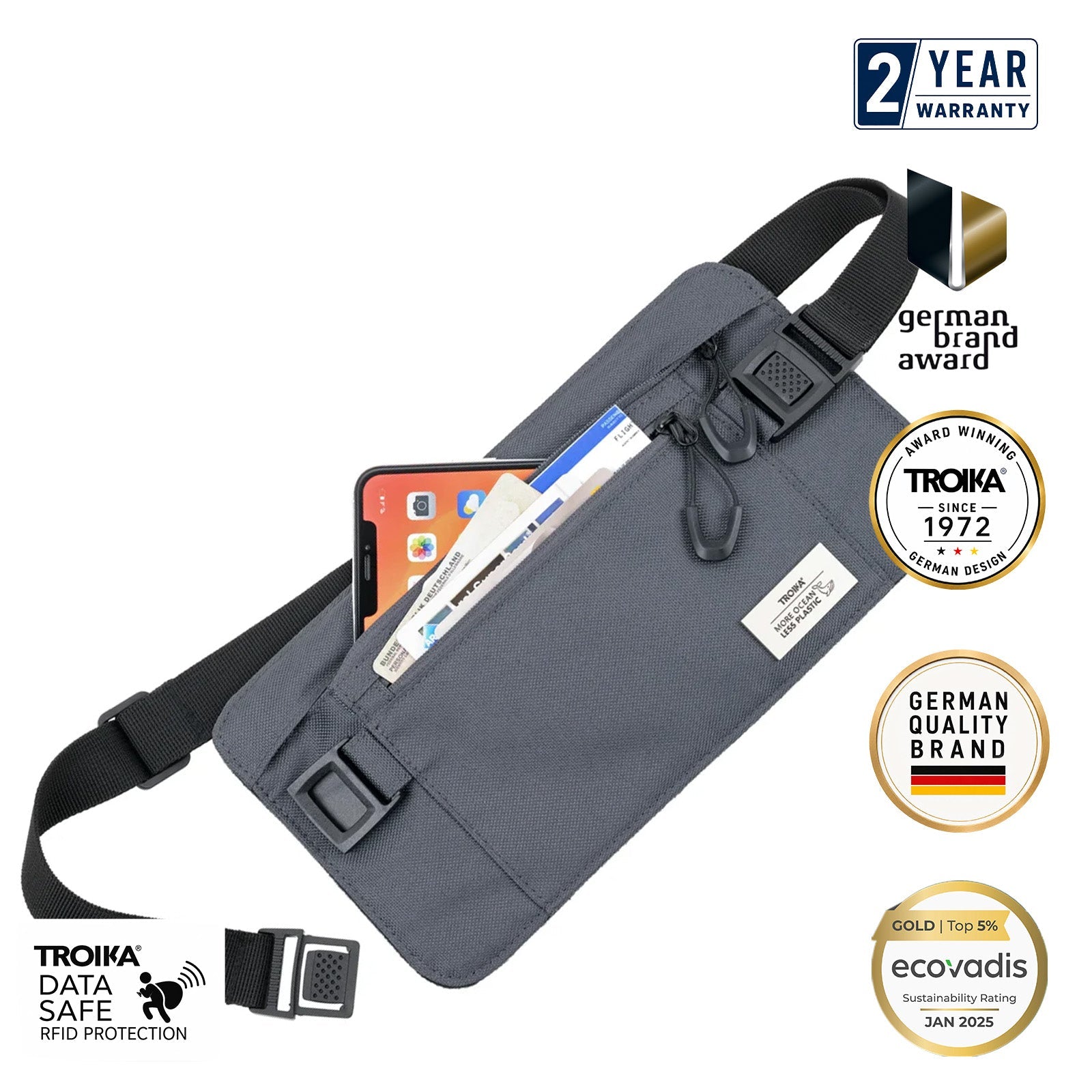 TROIKA Germany RFID Waist Belt Bag | Recycled Ocean Plastic | Travel | Grey