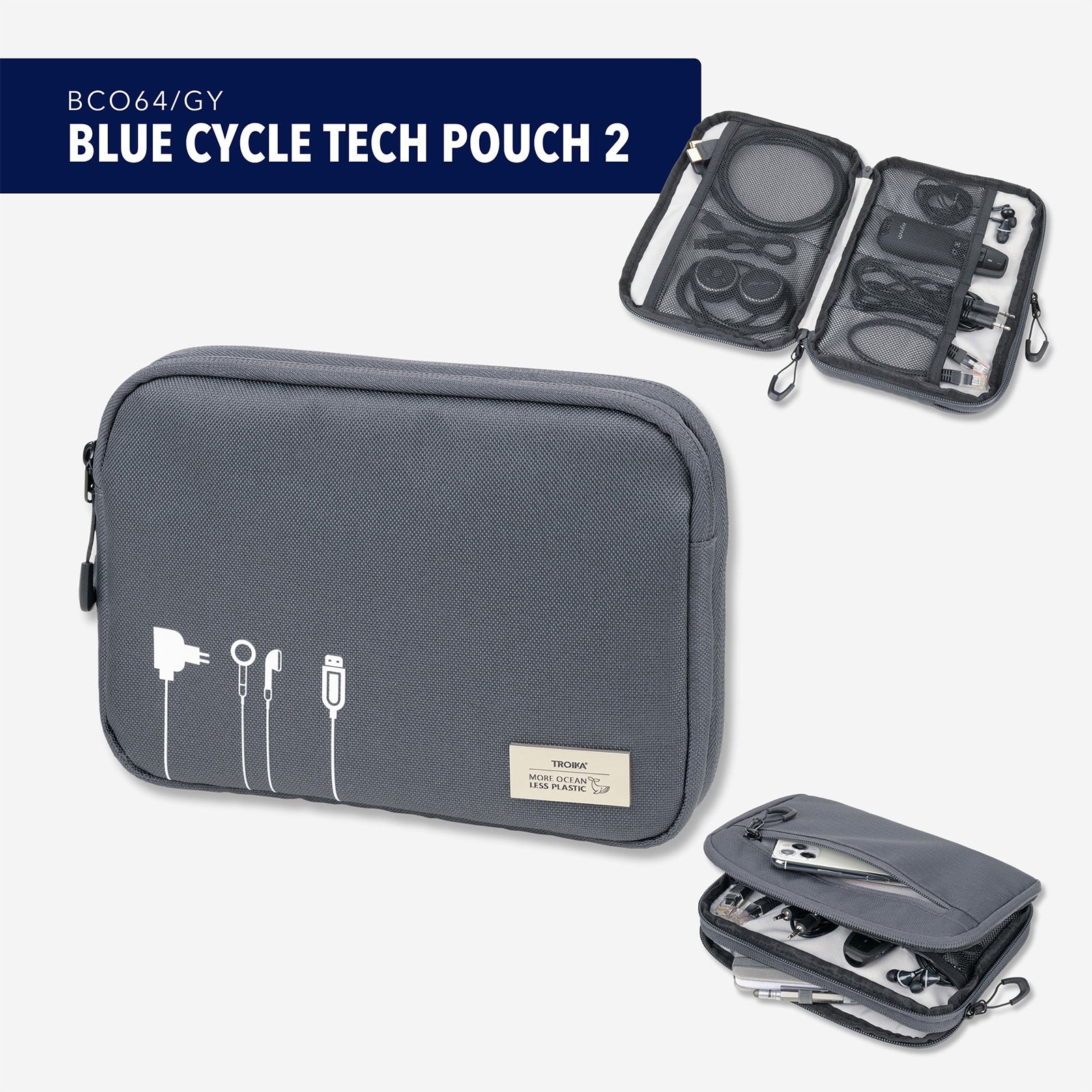 TROIKA Germany Cable Organiser | 6 Mesh Pockets | Recycled Ocean Plastic