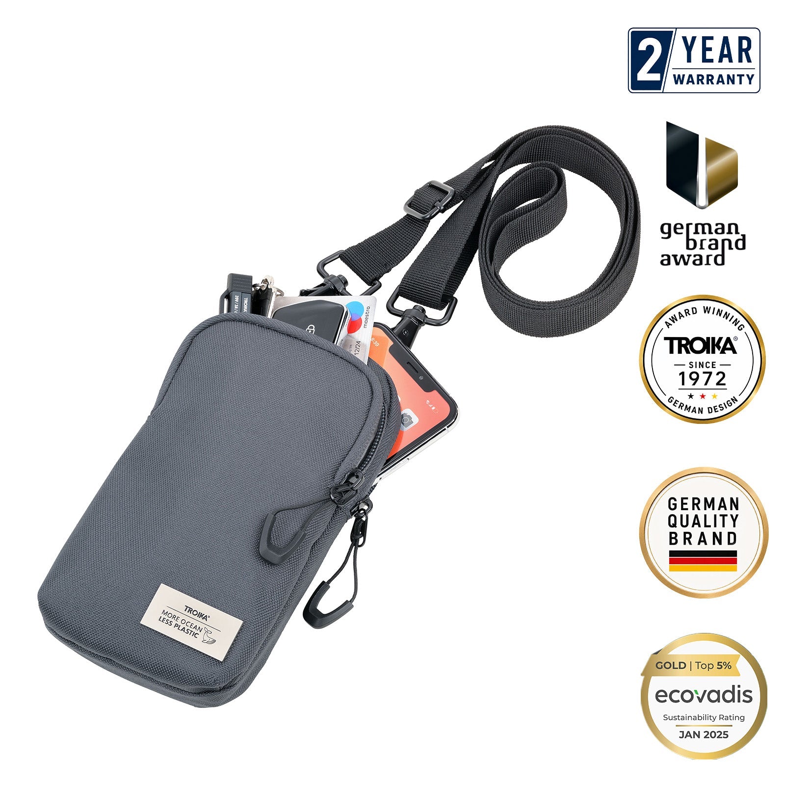 TROIKA Germany Smartphone Shoulder Bag | Carabiner Strap | Ocean Plastic