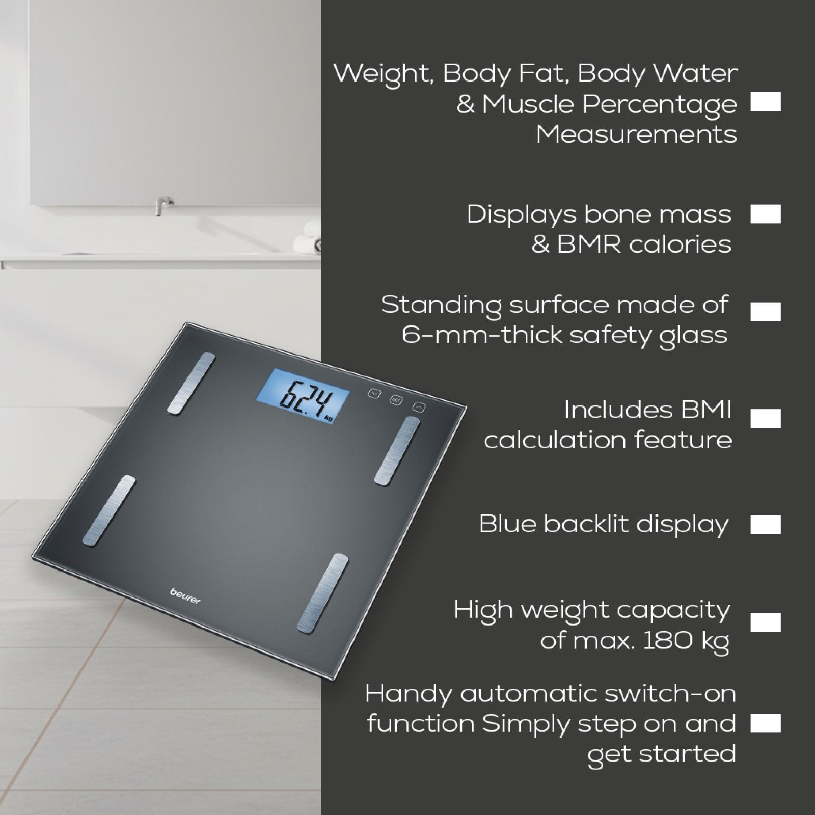 Beurer Germany Diagnostic Scale | Body Fat Bathroom Scale, BMI, Muscle BF 180