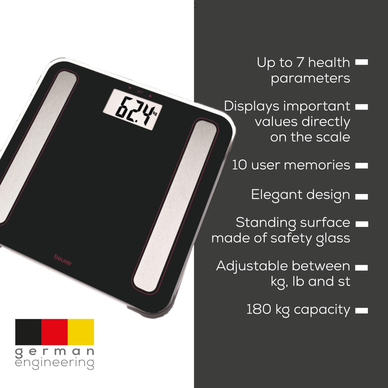 Beurer BF 183 LE25 Diagnostic Bathroom Scale: Weight, Body Fat, Body Water, Muscle Percentage, BMI, Visceral Fat & Metabolic Age