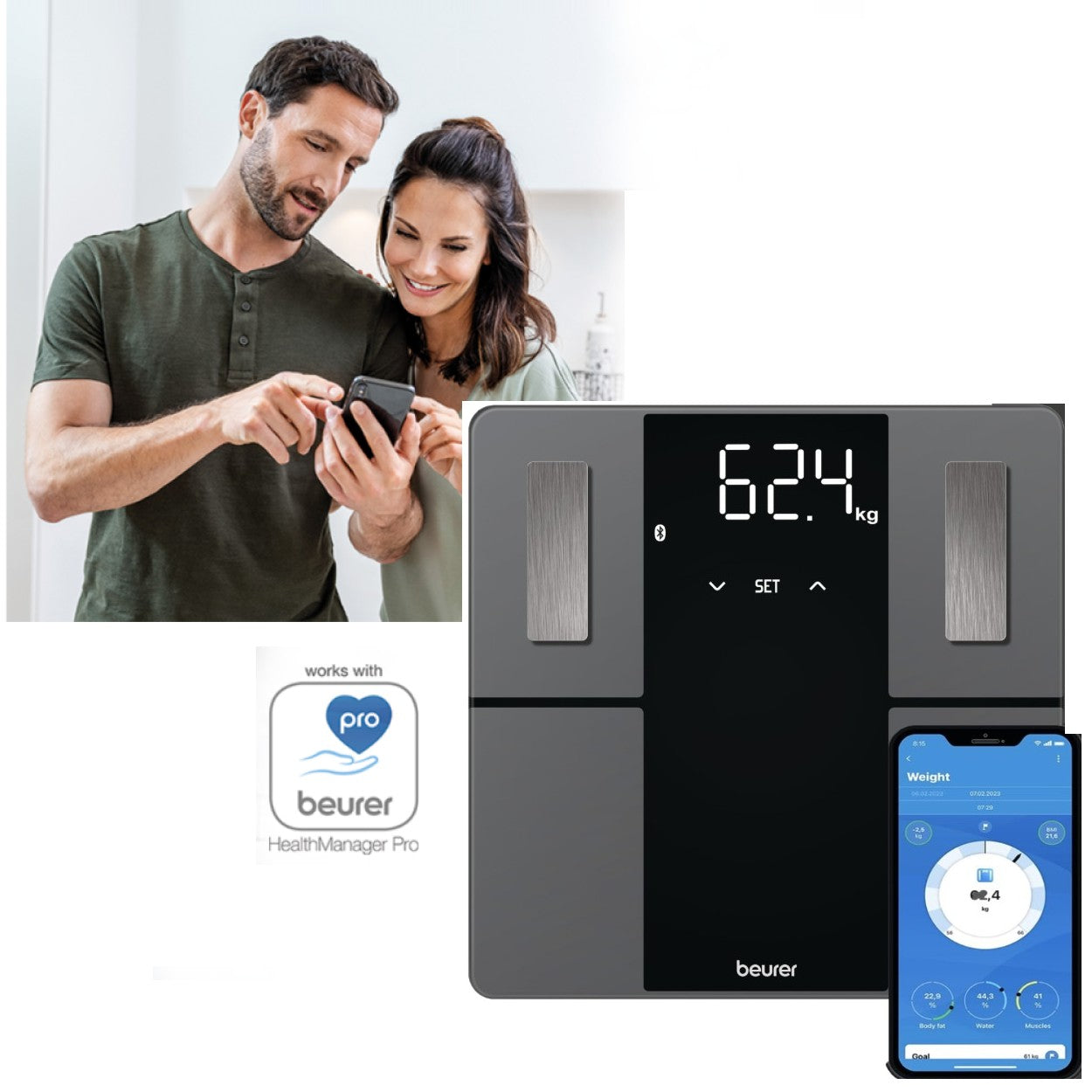 Beurer BF 500 Diagnostic Digital Scale | BMI Scale | Body Fat Scale with Bluetooth & App in Super Black