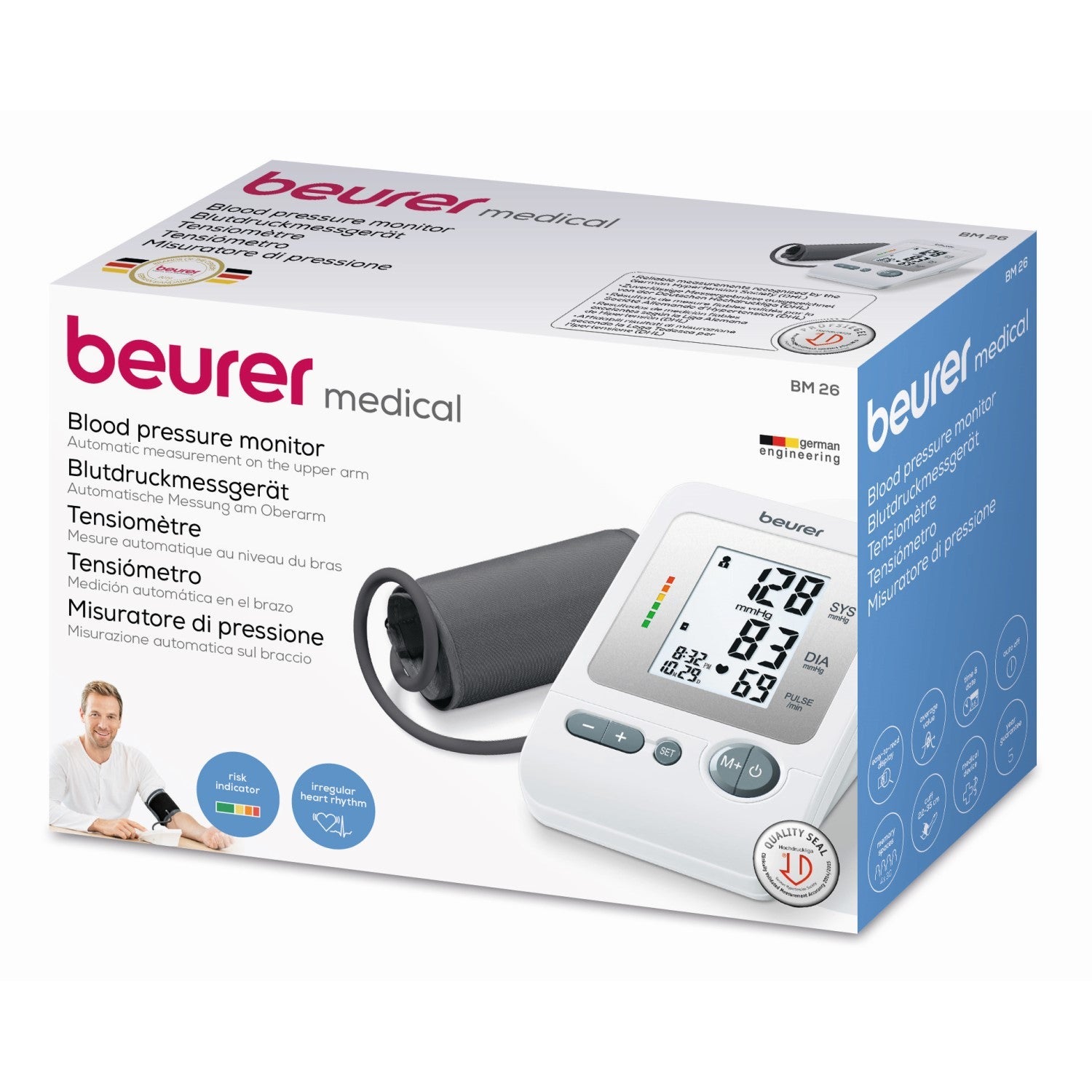 Beurer Germany BM 26 Upper Arm Blood Pressure Monitor: Arrhythmia & Risk Indicator. For up to 4 Users. 30 Memory Spaces