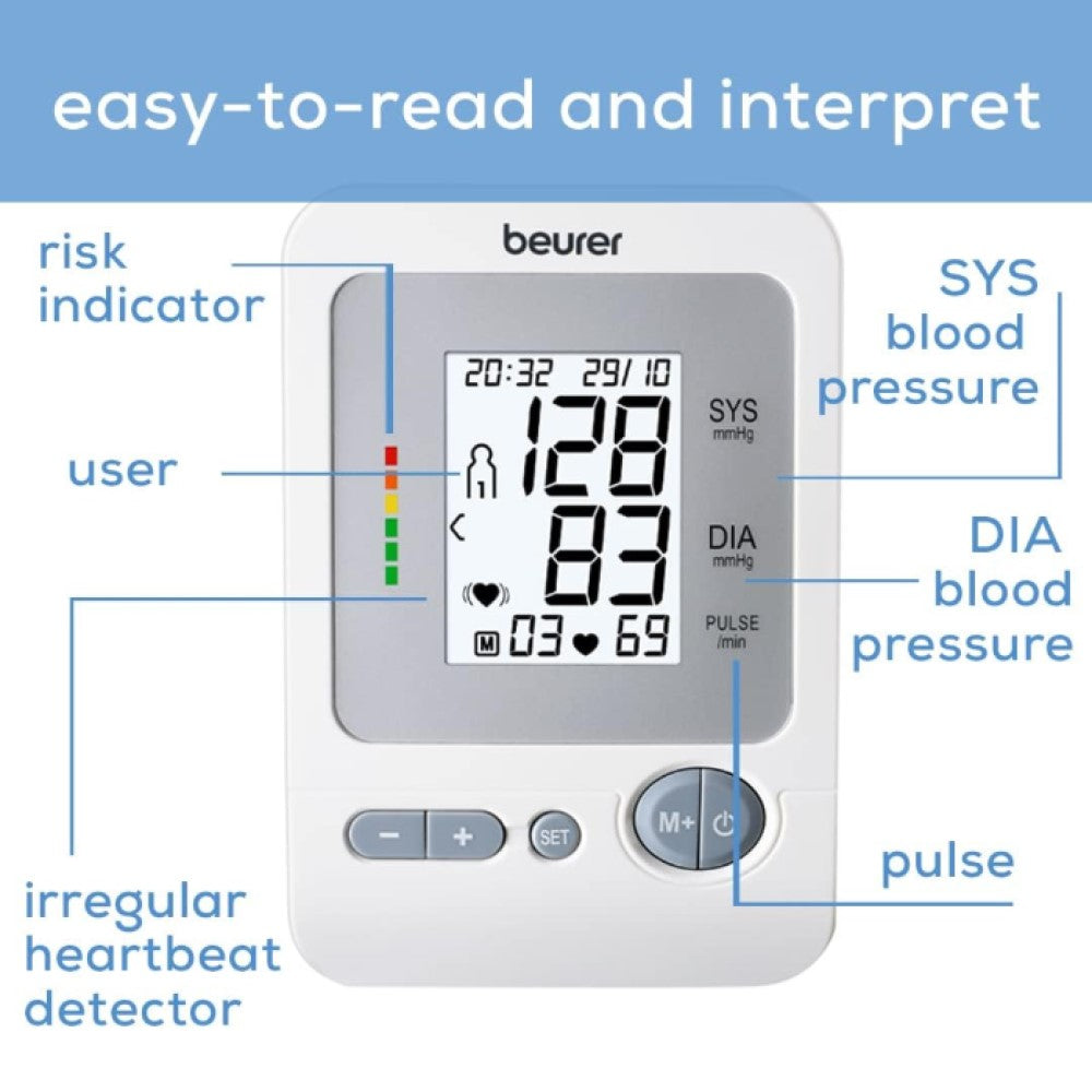 Beurer Germany BM 26 Upper Arm Blood Pressure Monitor: Arrhythmia & Risk Indicator. For up to 4 Users. 30 Memory Spaces