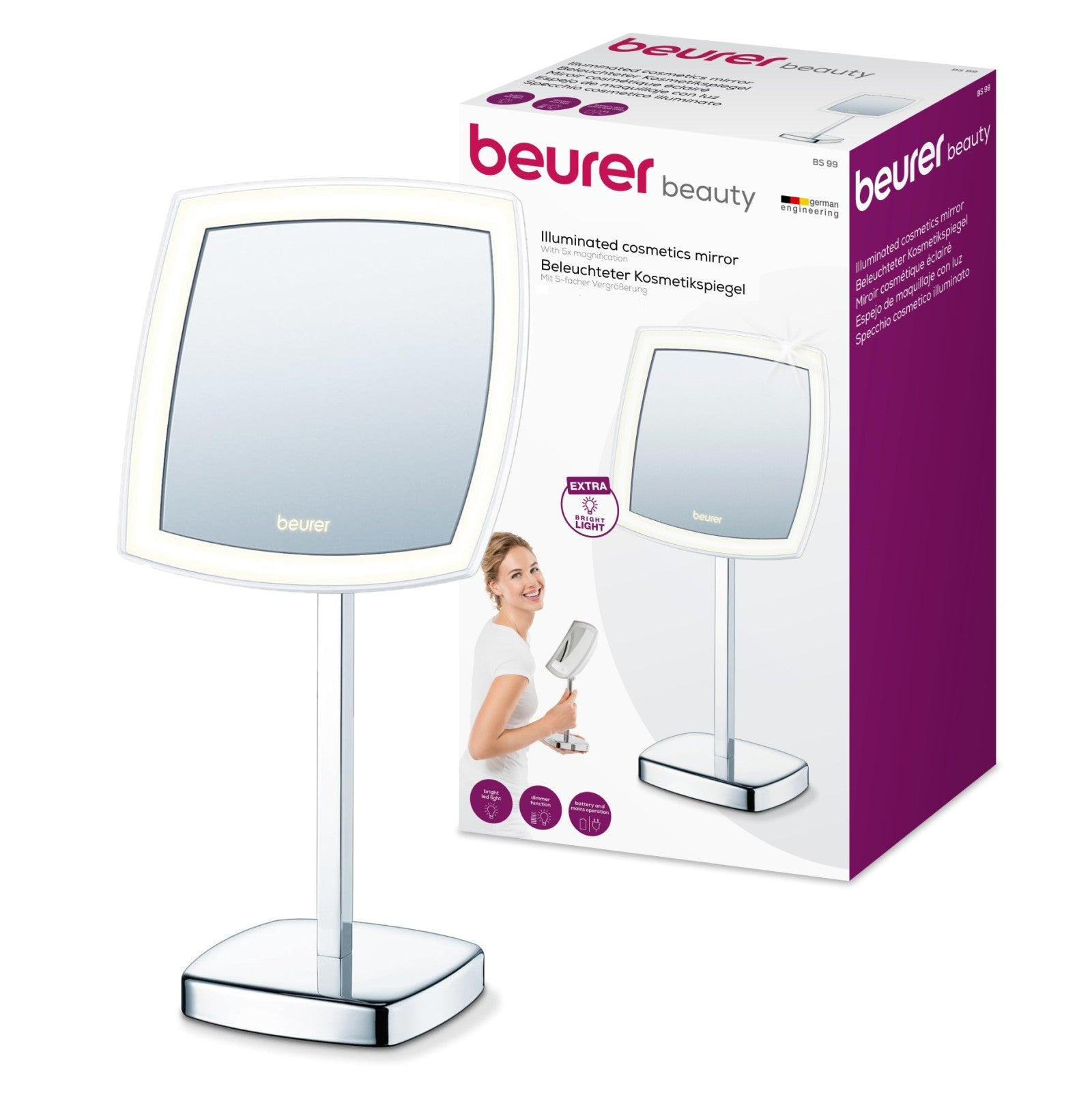 Beurer Germany LED Cosmetic Mirror | 5X Magnification. Bright Adjustable LED Light | BS 99