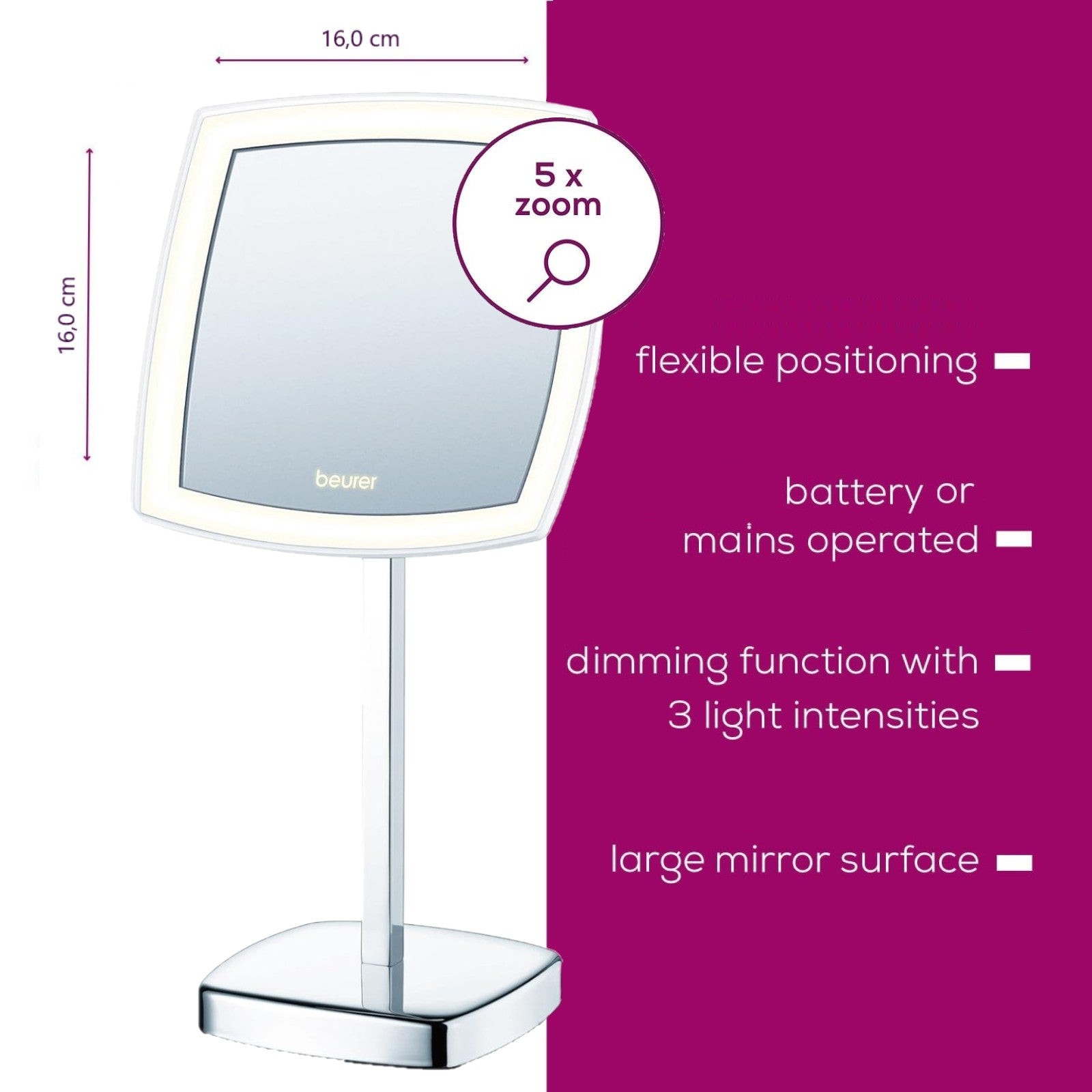 Beurer Germany LED Cosmetic Mirror | 5X Magnification. Bright Adjustable LED Light | BS 99