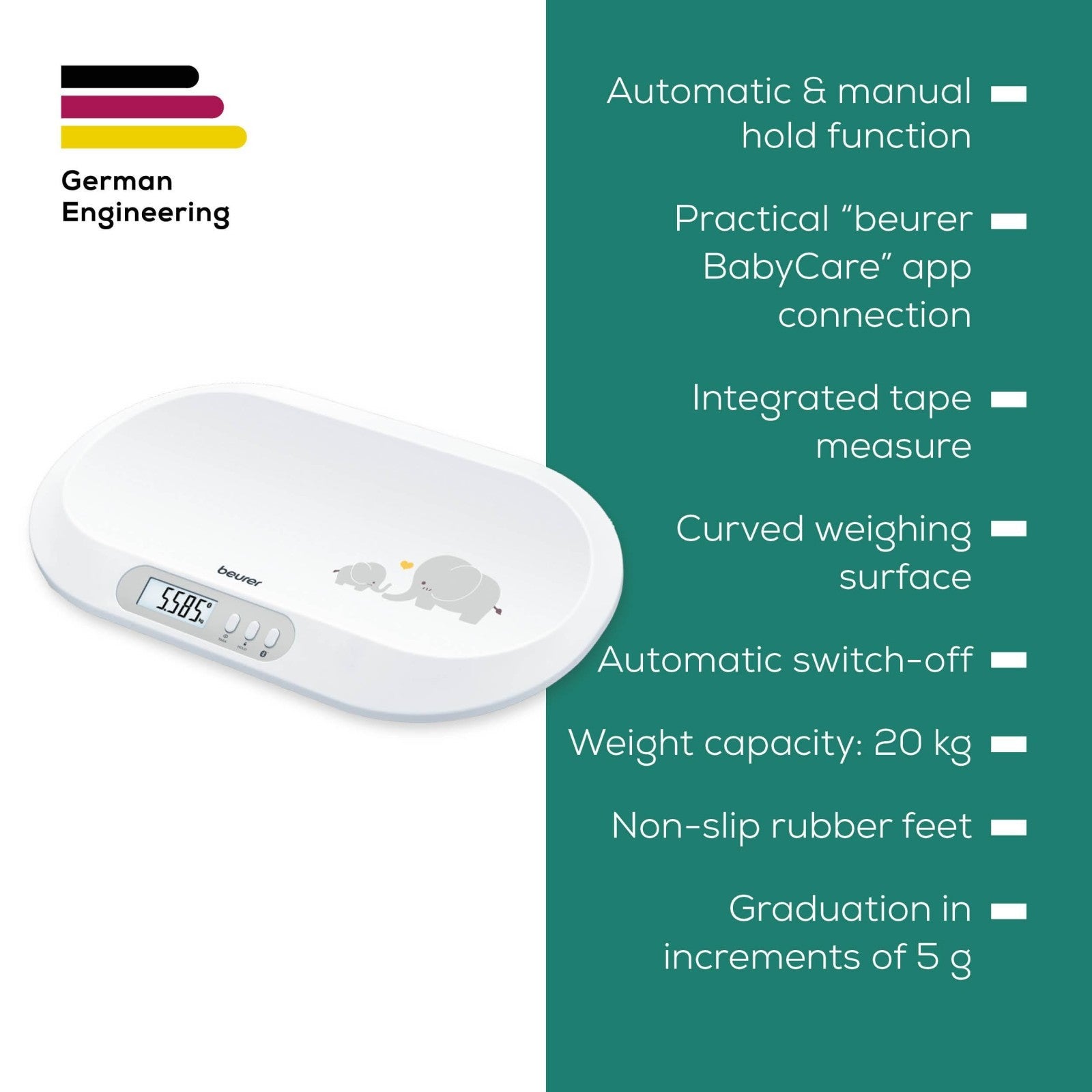 Beurer BY 90 Baby Scale with Bluetooth, App & Integrated Tape Measure | Track & Monitor Babies Weight