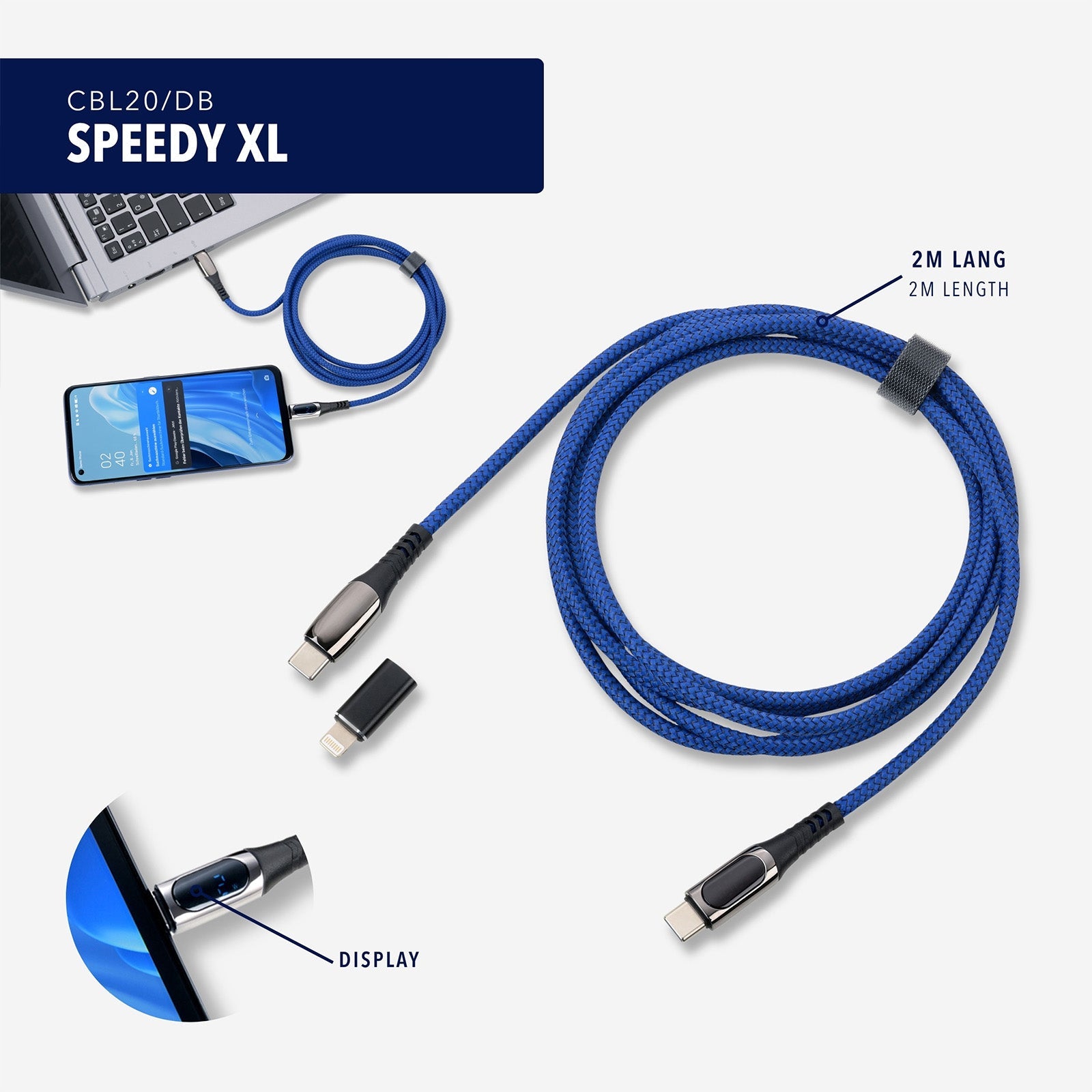 TROIKA Germany USB-C to USB-C Cable | 100W PD | Lightning Adapter | 2m Blue