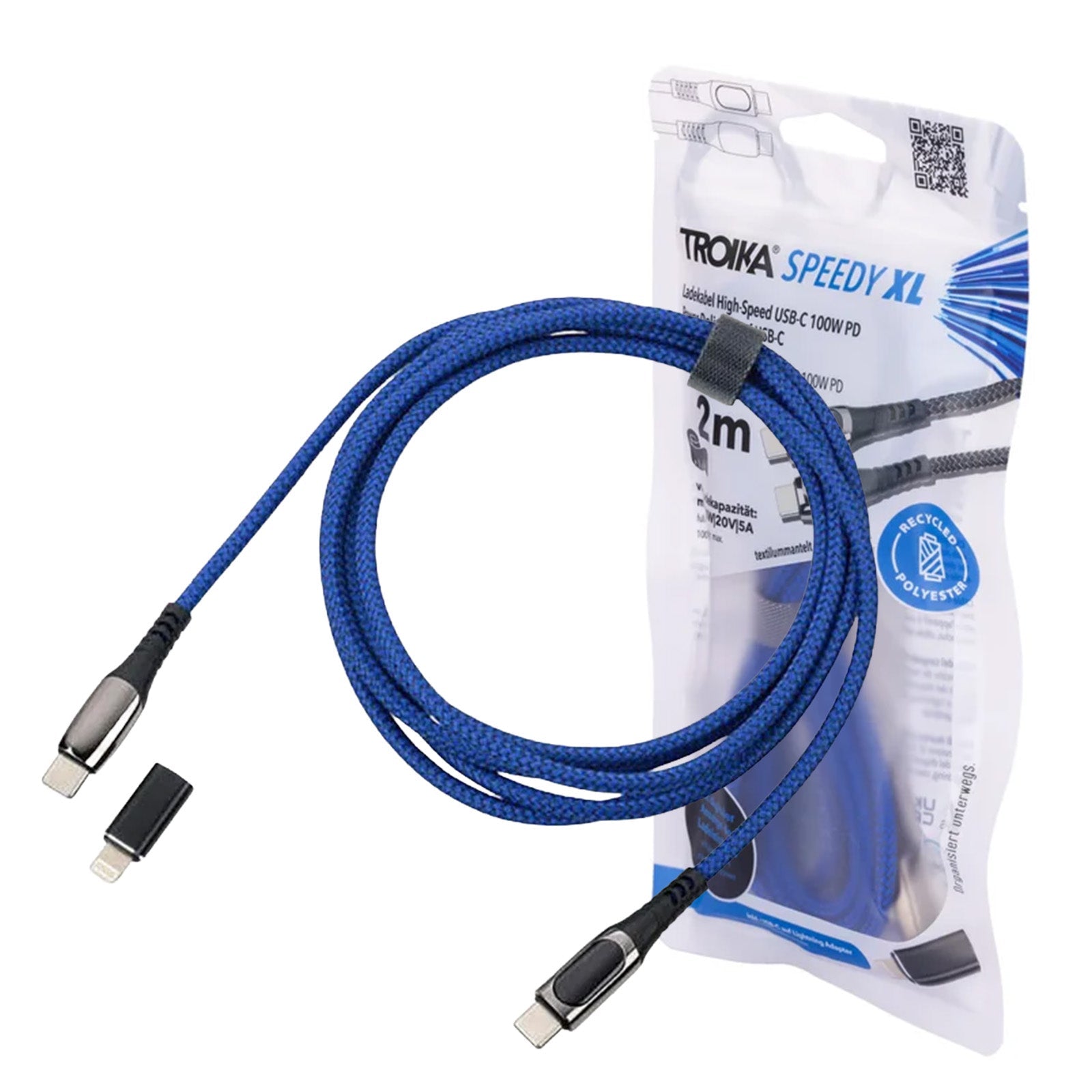 TROIKA Germany USB-C to USB-C Cable | 100W PD | Lightning Adapter | 2m Blue
