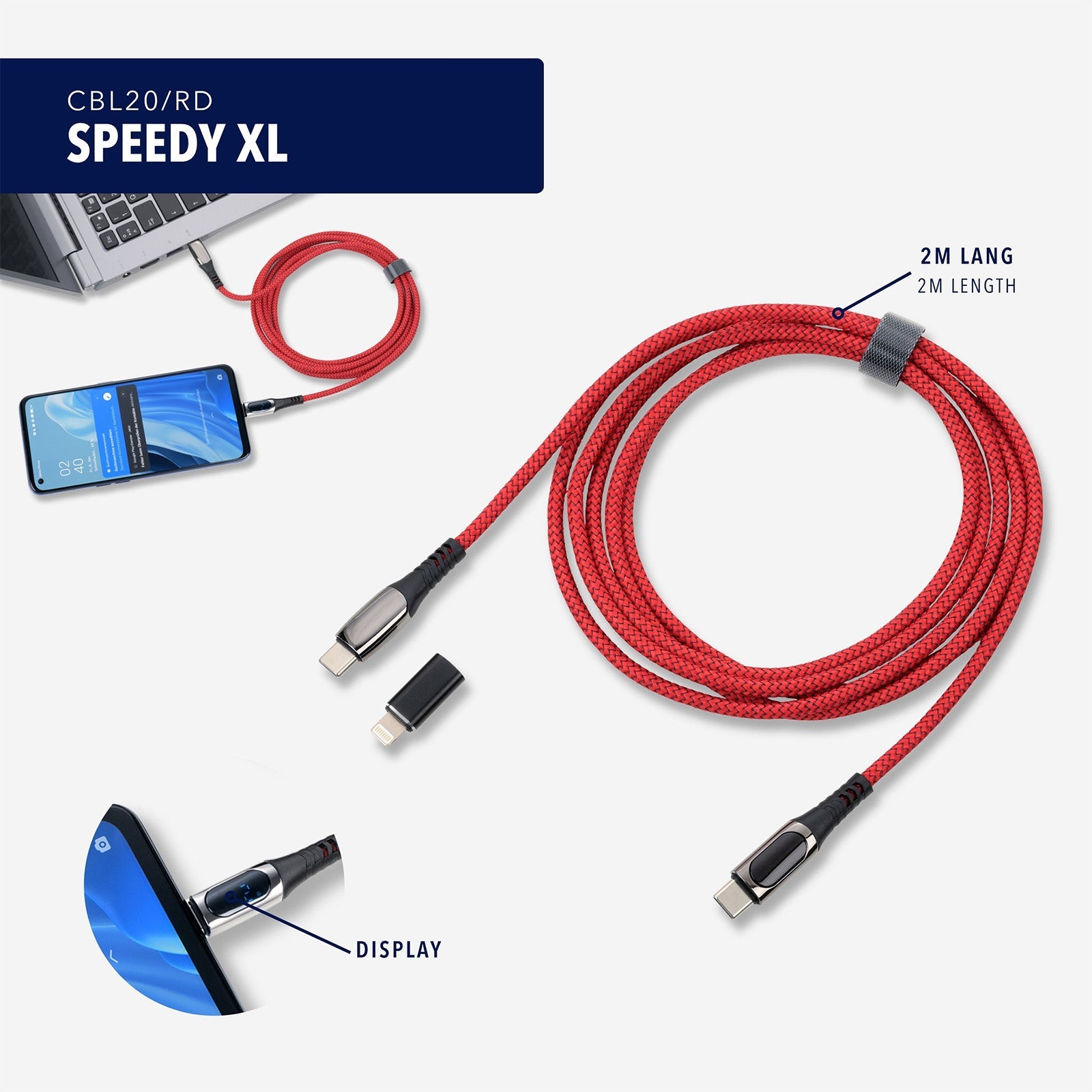 TROIKA Germany USB-C to USB-C Cable | 100W PD | Lightning Adapter | 2m Red