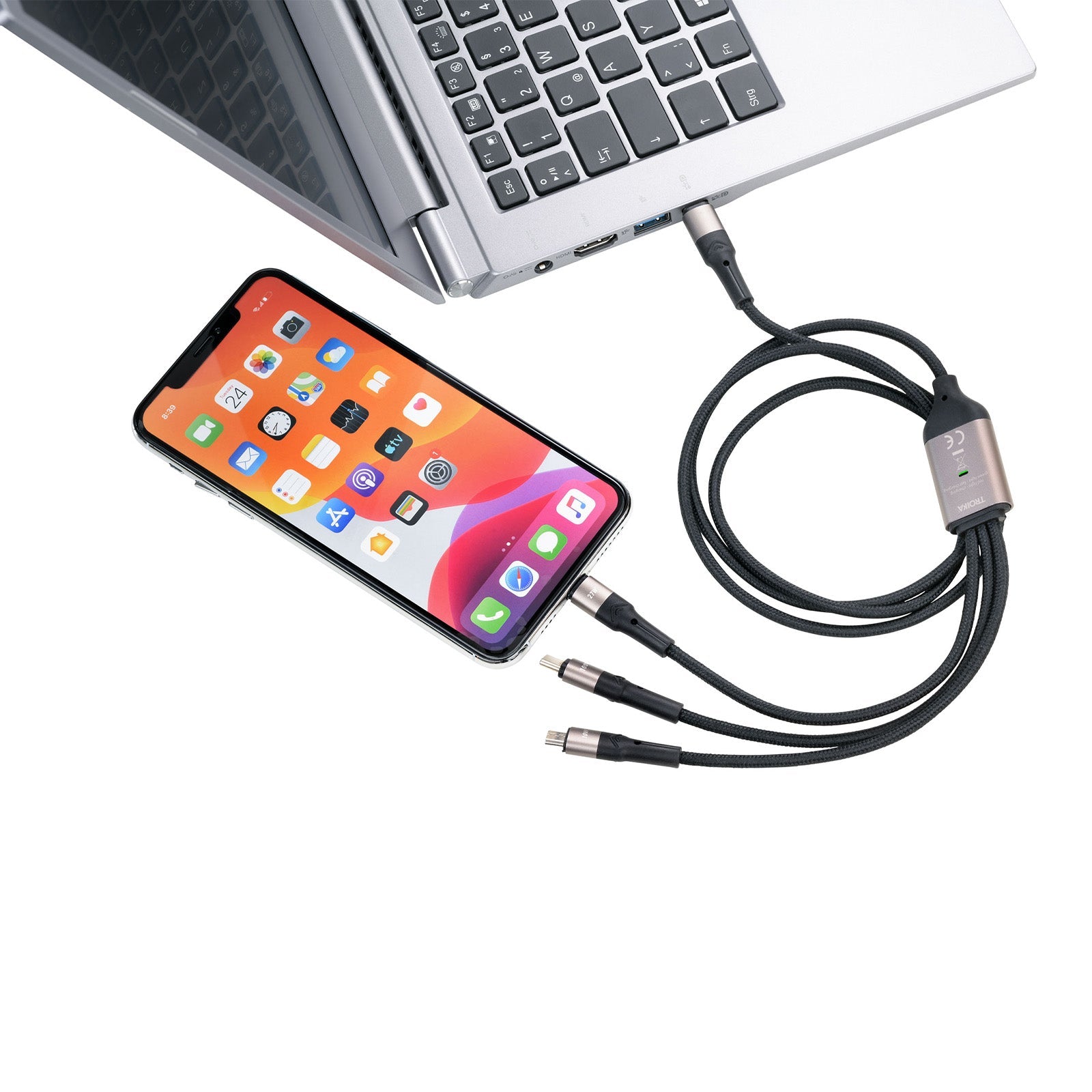TROIKA Germany 3-in-1 Charging Cable | Micro-USB & Lightning | 1.2m Braided