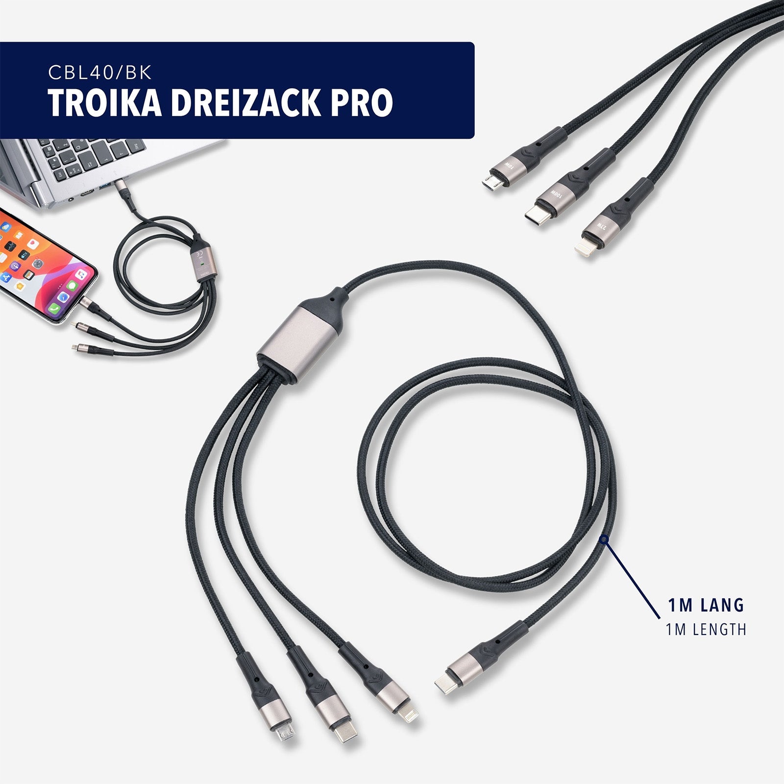 TROIKA Germany 3-in-1 Charging Cable | Micro-USB & Lightning | 1.2m Braided