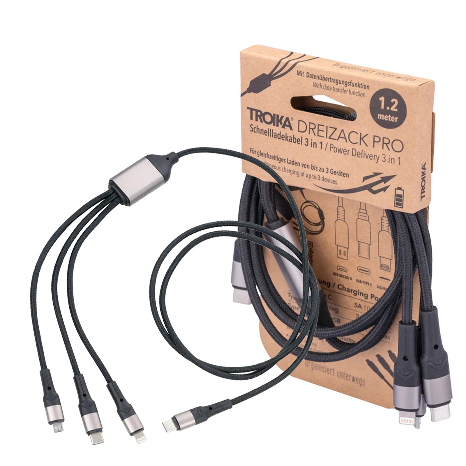 TROIKA Germany 3-in-1 Charging Cable | Micro-USB & Lightning | 1.2m Braided