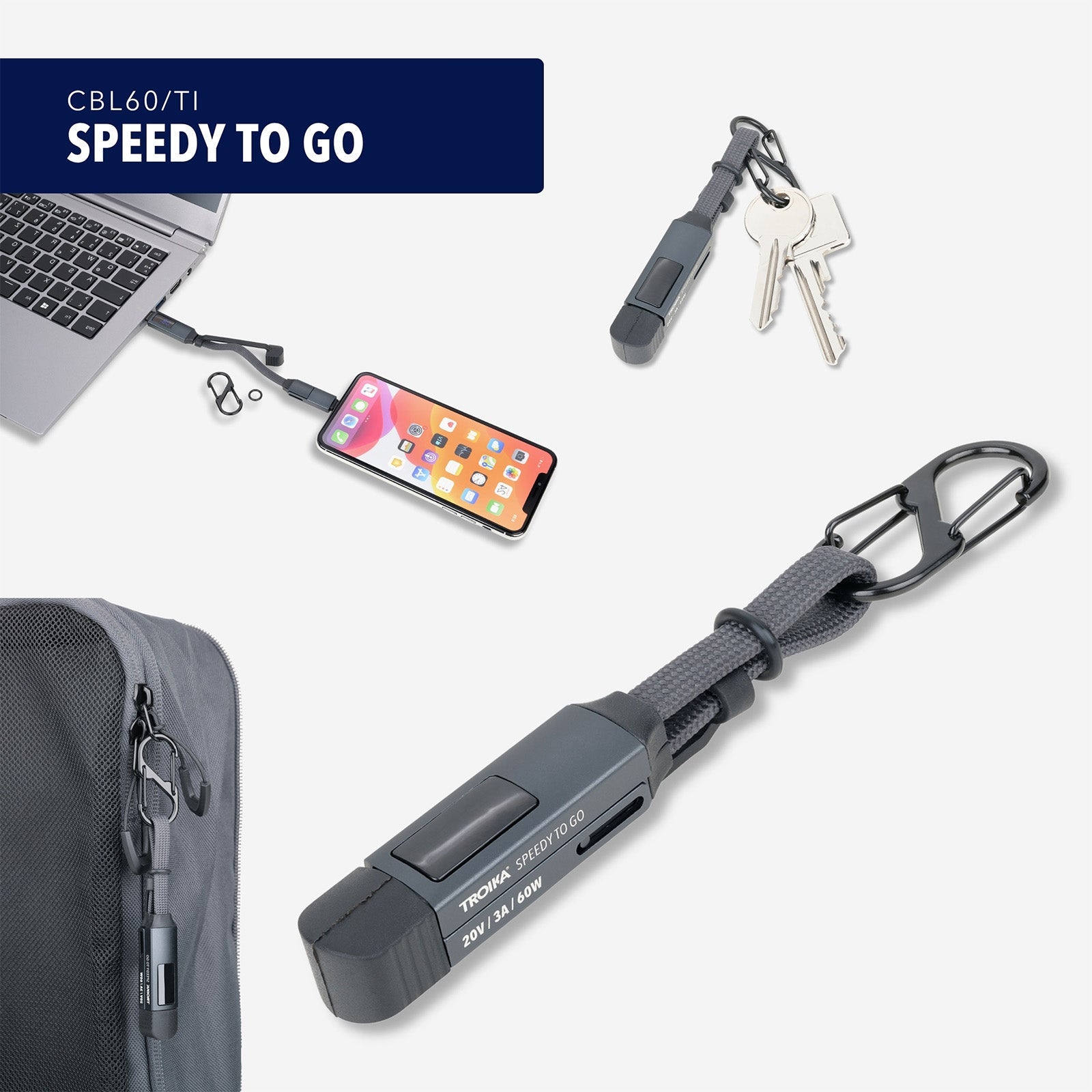 TROIKA Germany USB-C Bag Charm Cable | 60W PD | Carabiner | Keyring Gift