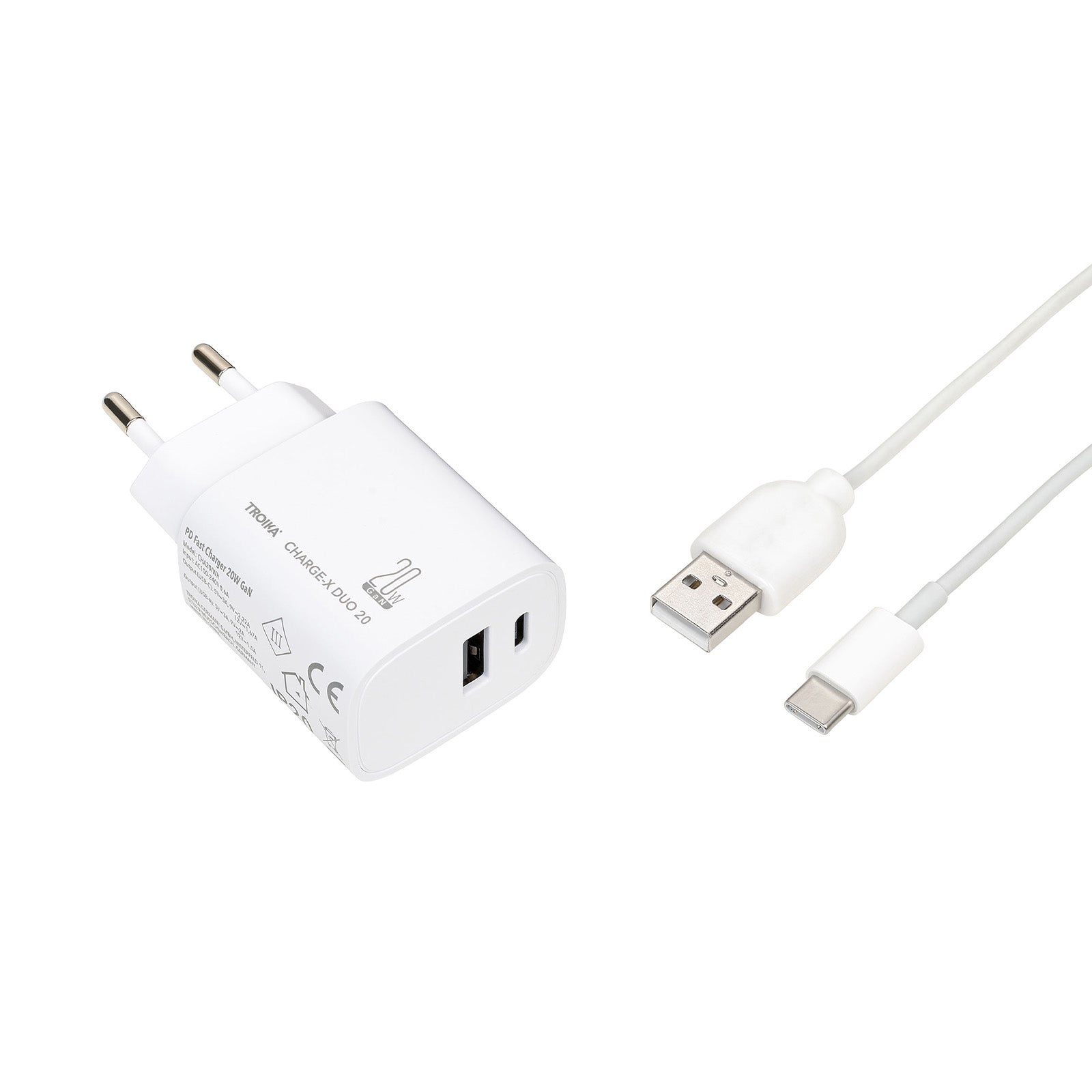 TROIKA Germany GaN Charging Plug 20W | USB-C & USB-A | Dual Device | White