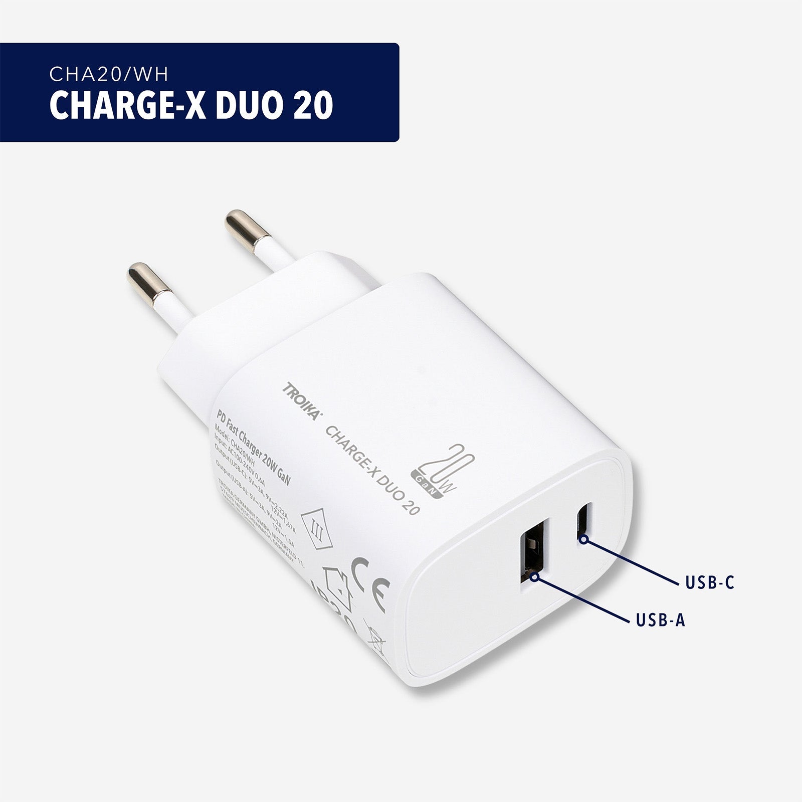 TROIKA Germany GaN Charging Plug 20W | USB-C & USB-A | Dual Device | White