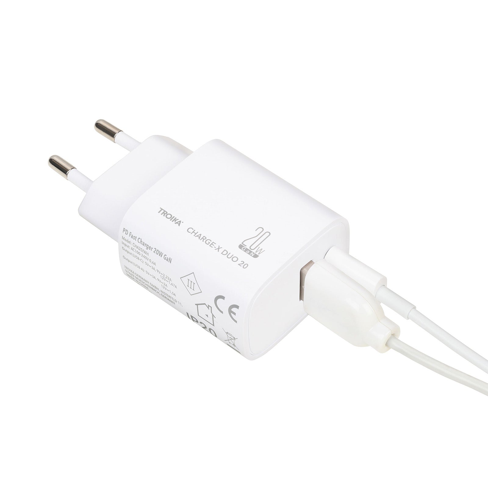 TROIKA Germany GaN Charging Plug 20W | USB-C & USB-A | Dual Device | White