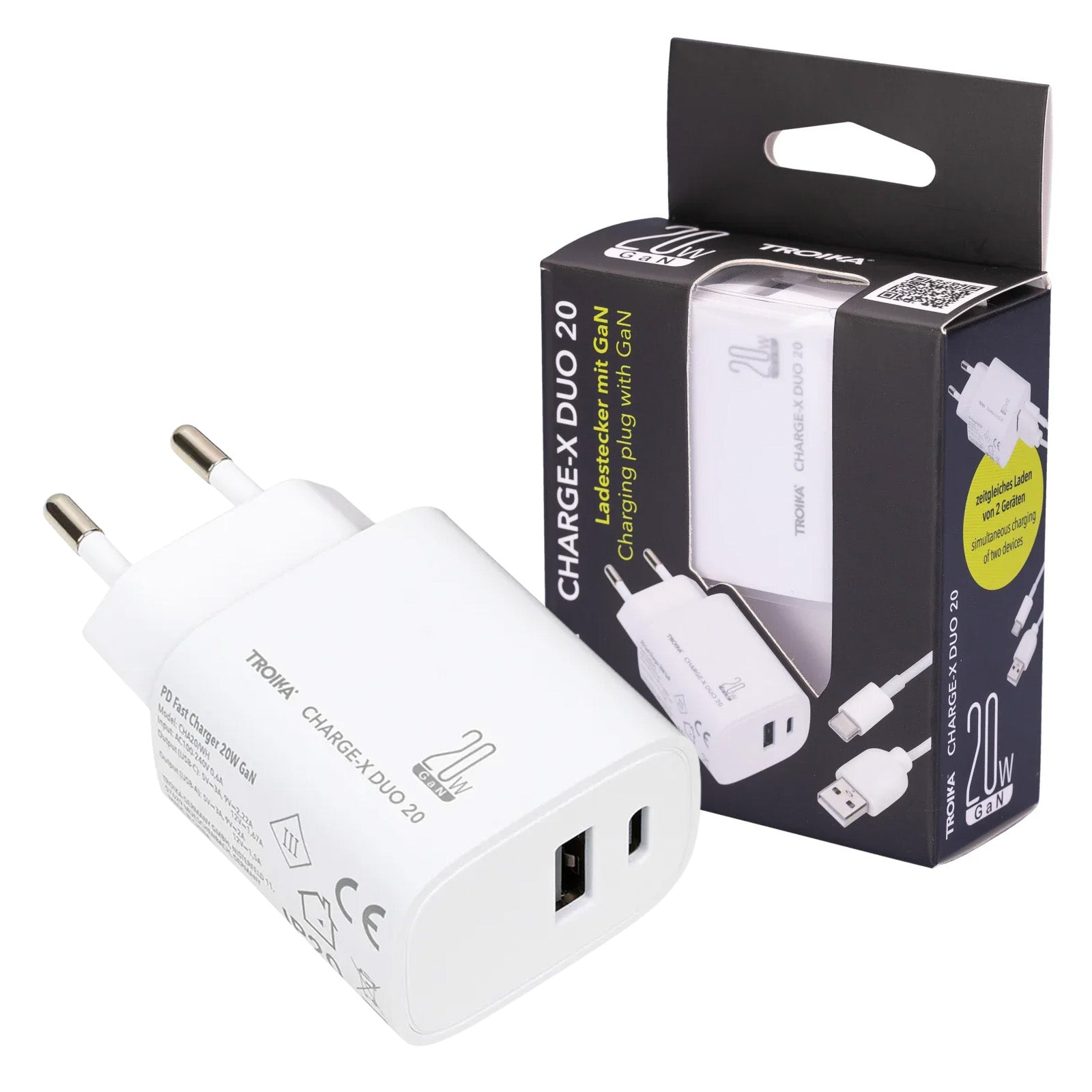 TROIKA Germany GaN Charging Plug 20W | USB-C & USB-A | Dual Device | White