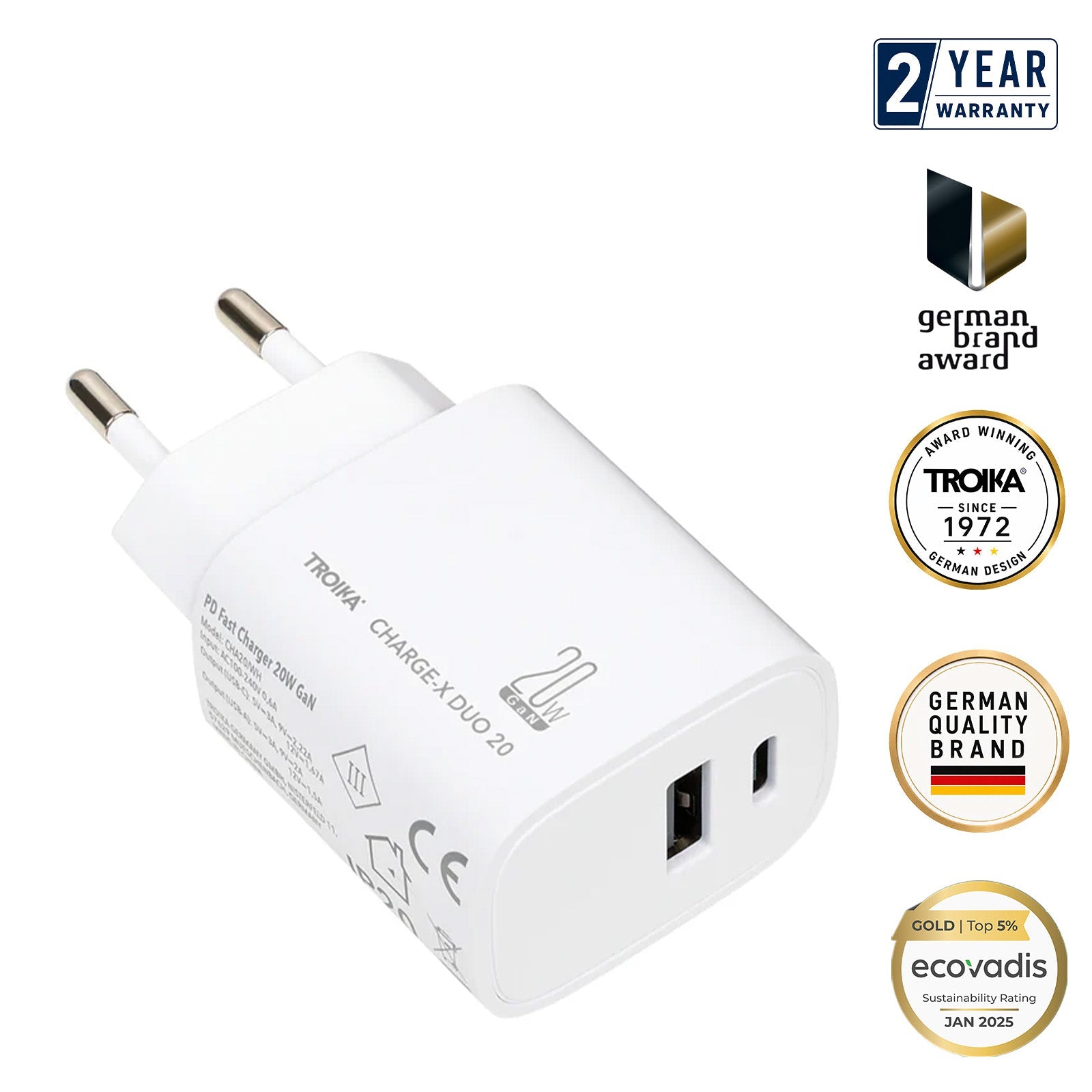 TROIKA Germany GaN Charging Plug 20W | USB-C & USB-A | Dual Device | White