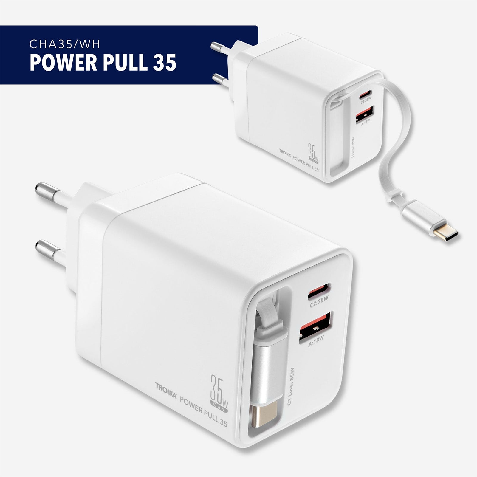 TROIKA Germany GaN Charging Plug 35W | Retractable USB-C Cable | 6 Devices