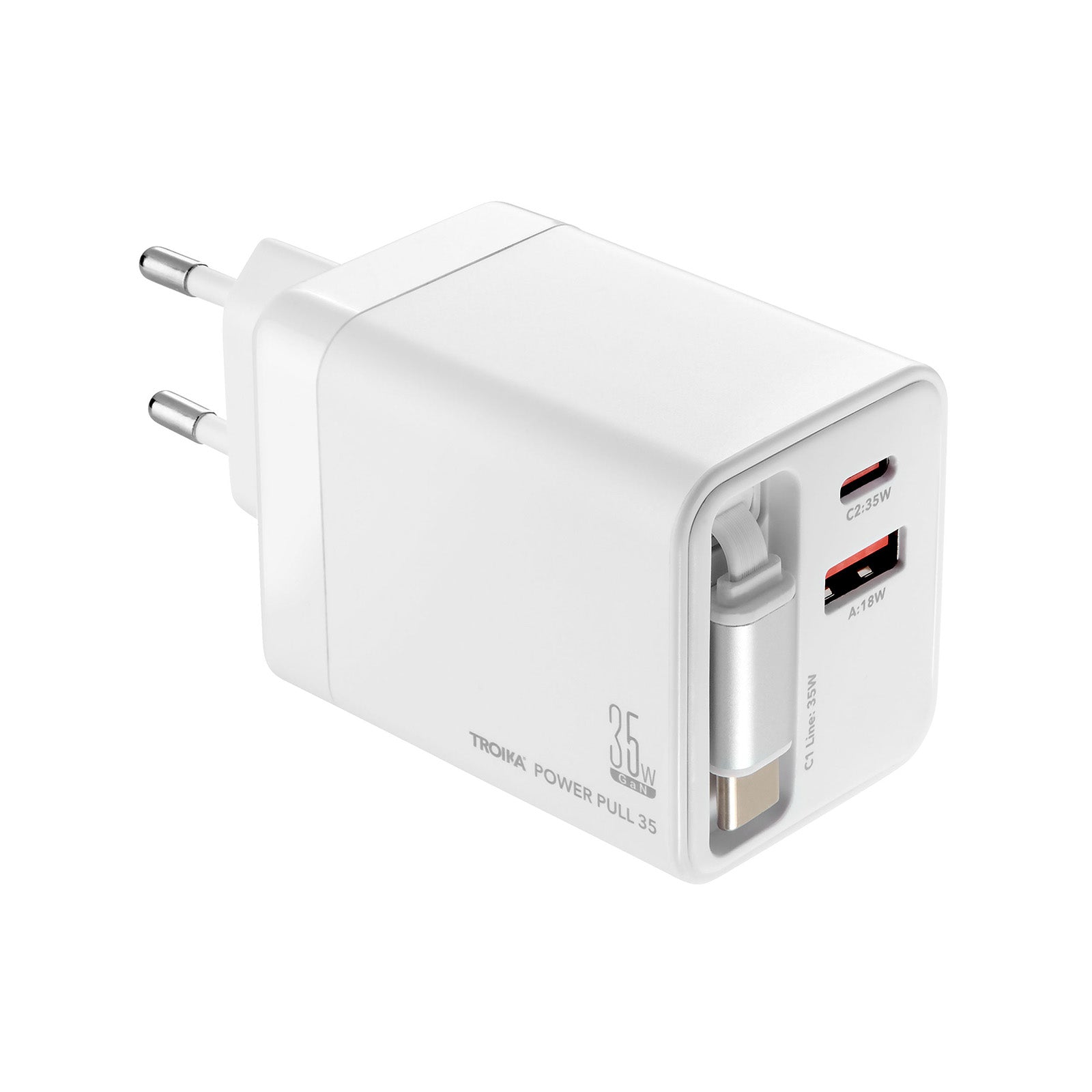 TROIKA Germany GaN Charging Plug 35W | Retractable USB-C Cable | 6 Devices