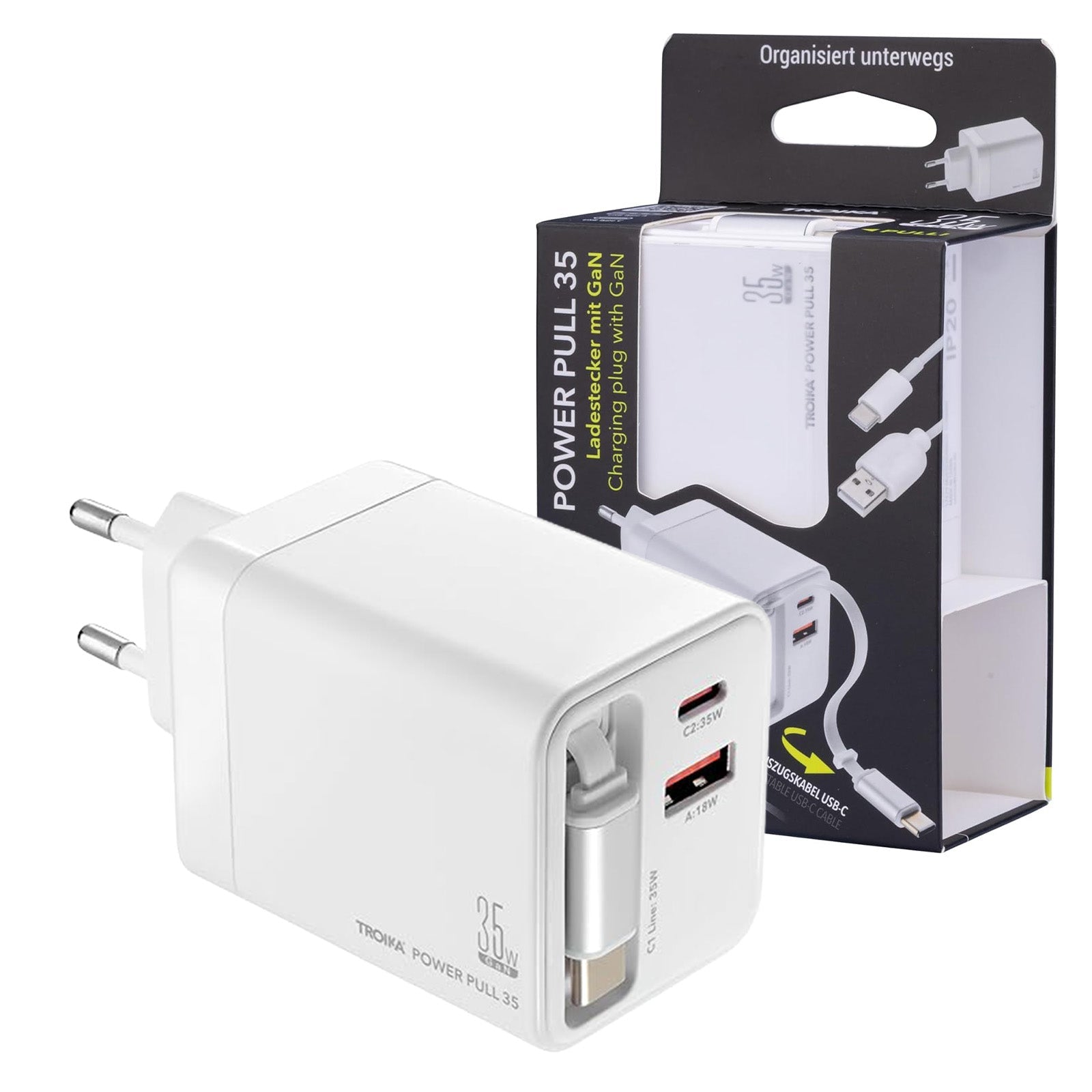TROIKA Germany GaN Charging Plug 35W | Retractable USB-C Cable | 6 Devices