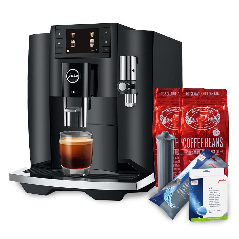 Jura E8 Coffee Machine (Latest Gen) Incl. Maintenance Starter Kit & Mostra Di Cafe Forza #2 Coffee Beans (2kg)