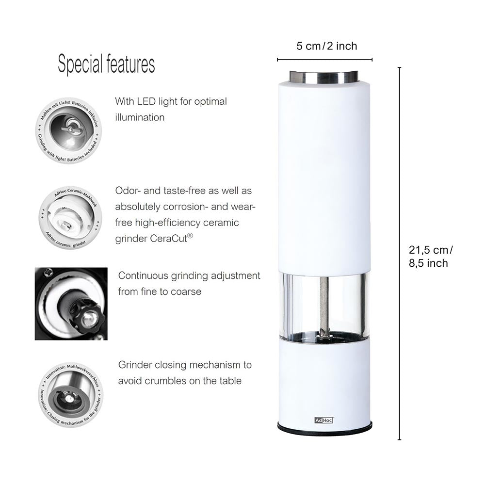 AdHoc Electric Salt or Pepper Grinder - Tropica White