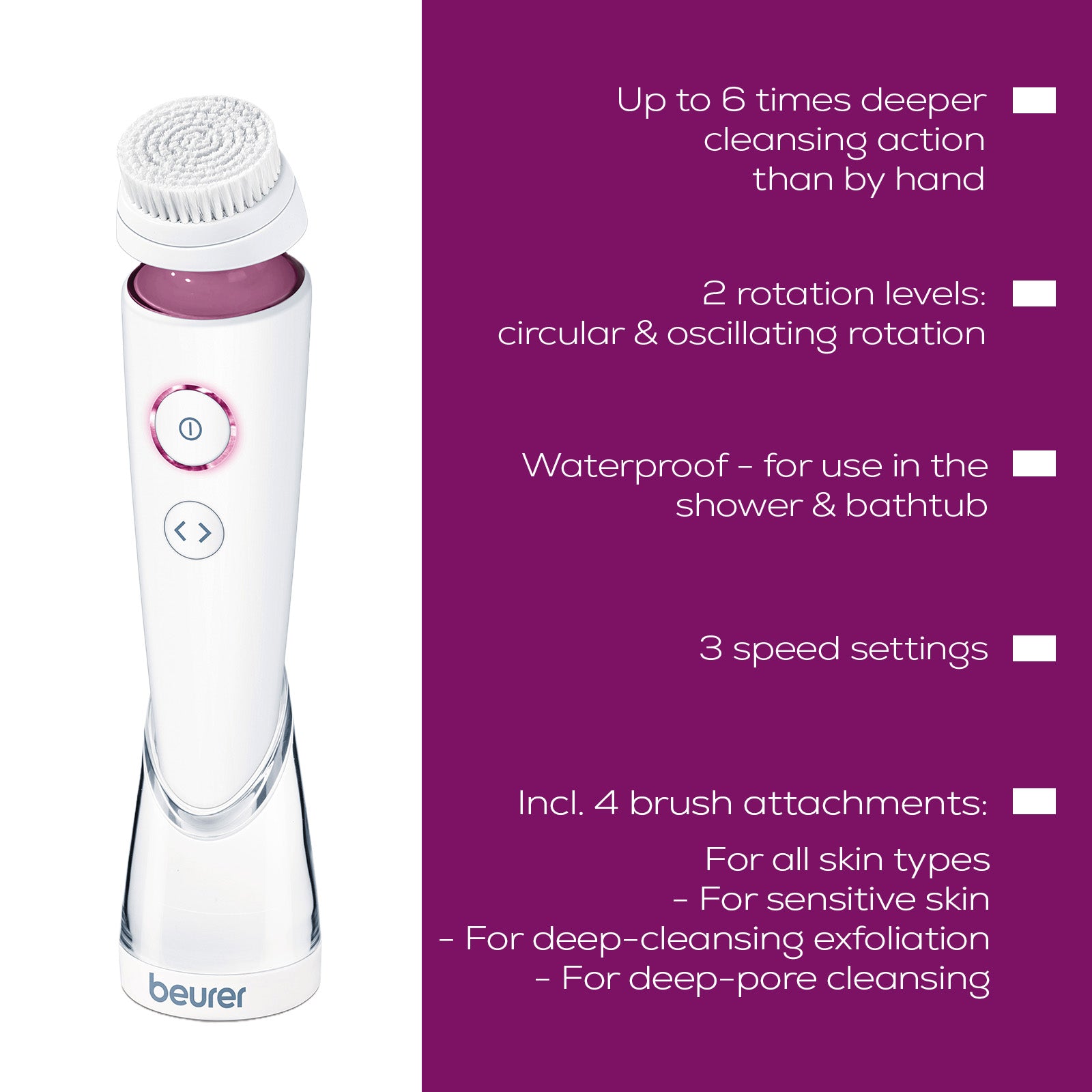 Beurer FC 95 Facial Brush | Deep Cleansing | 4 Attachments | Waterproof IPX7 | Rechargeable