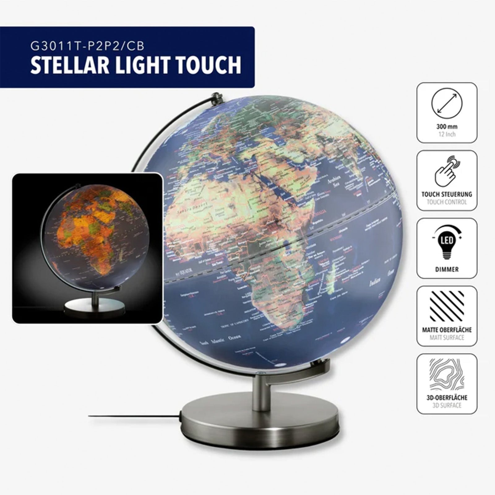 TROIKA Germany Illuminated Globe 30cm | Touch Dimmer | 3 Brightness Levels